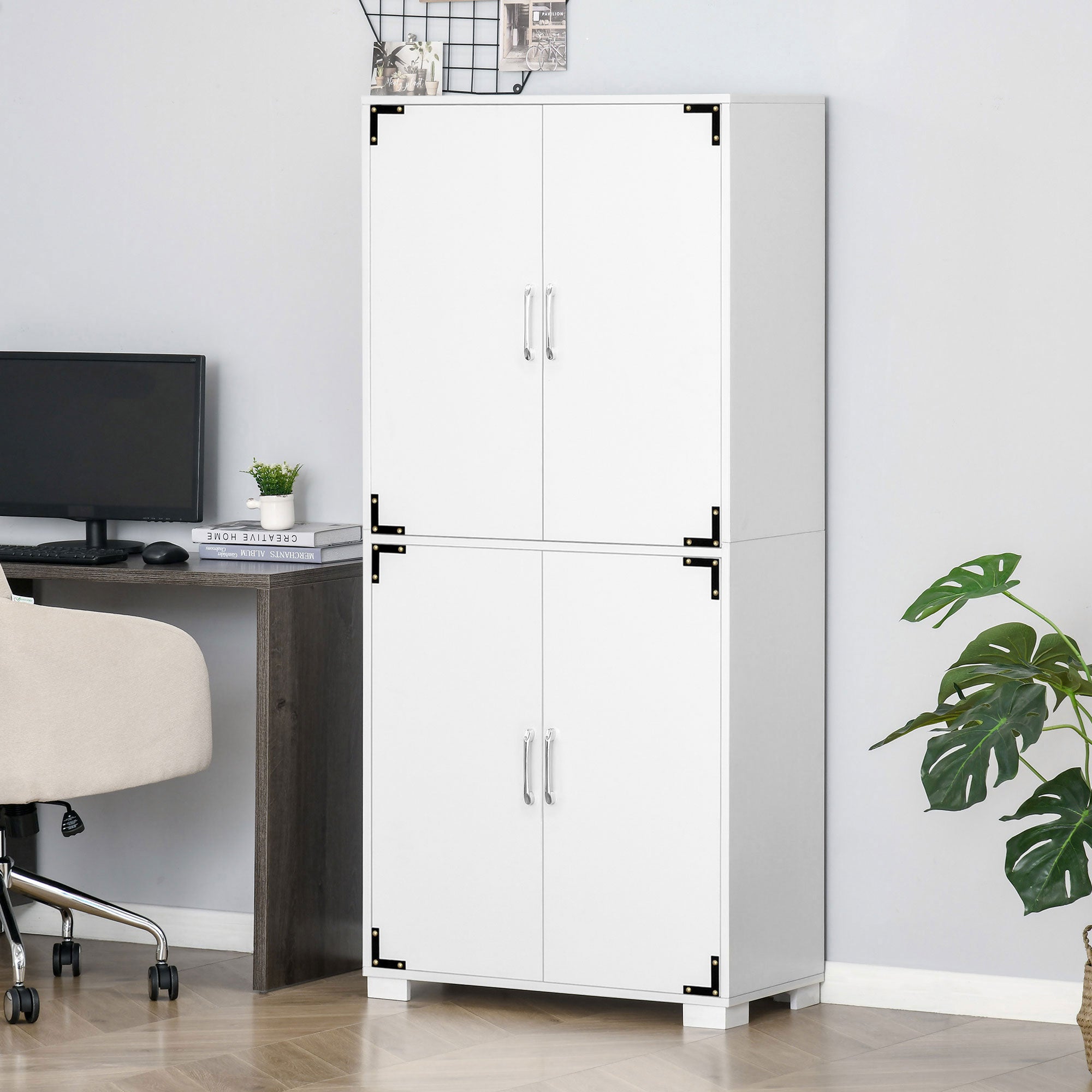 Industrial Kitchen Pantry Cabinet with 4 Doors and Storage Shelves Freestanding Cabinet White