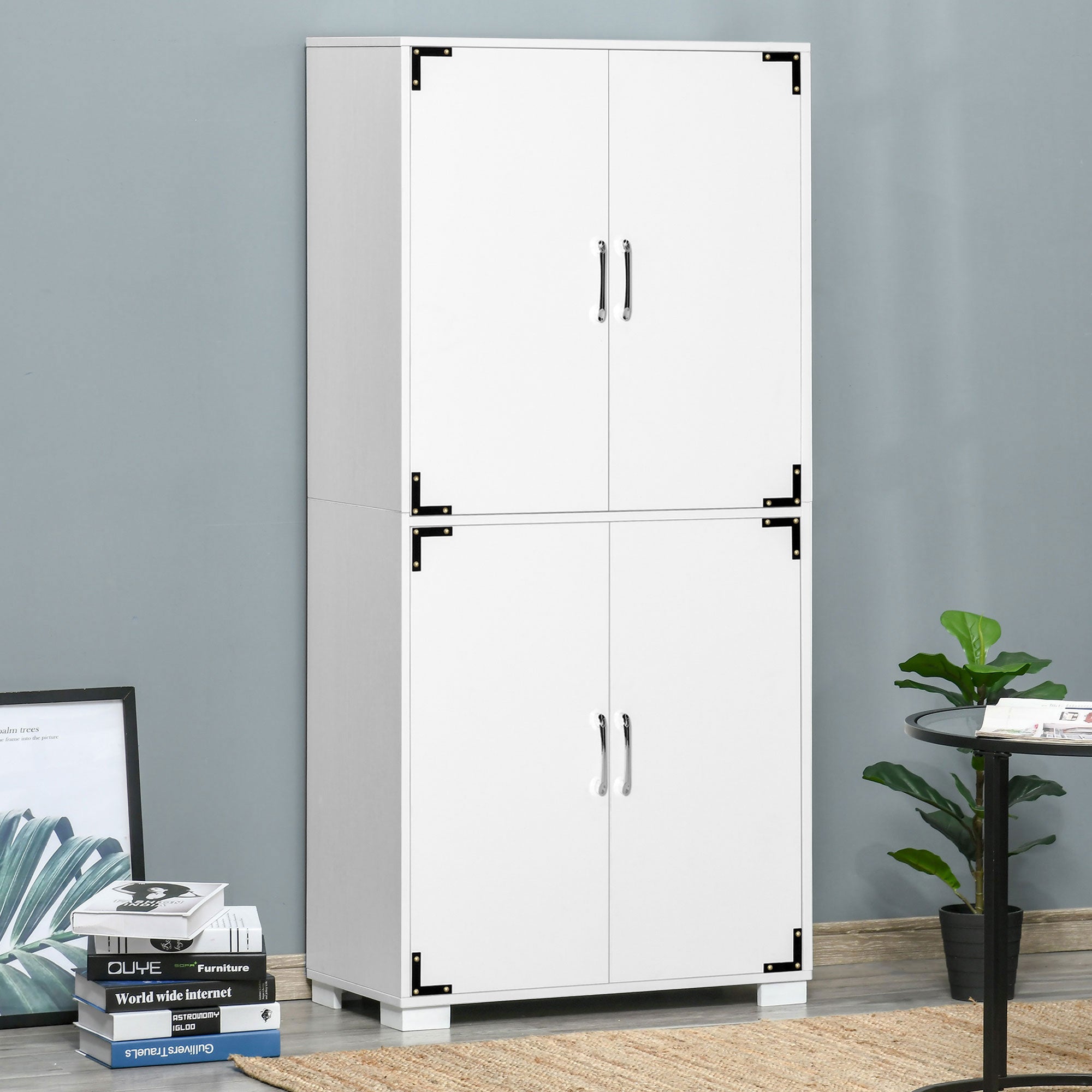 Industrial Kitchen Pantry Cabinet with 4 Doors and Storage Shelves Freestanding Cabinet White