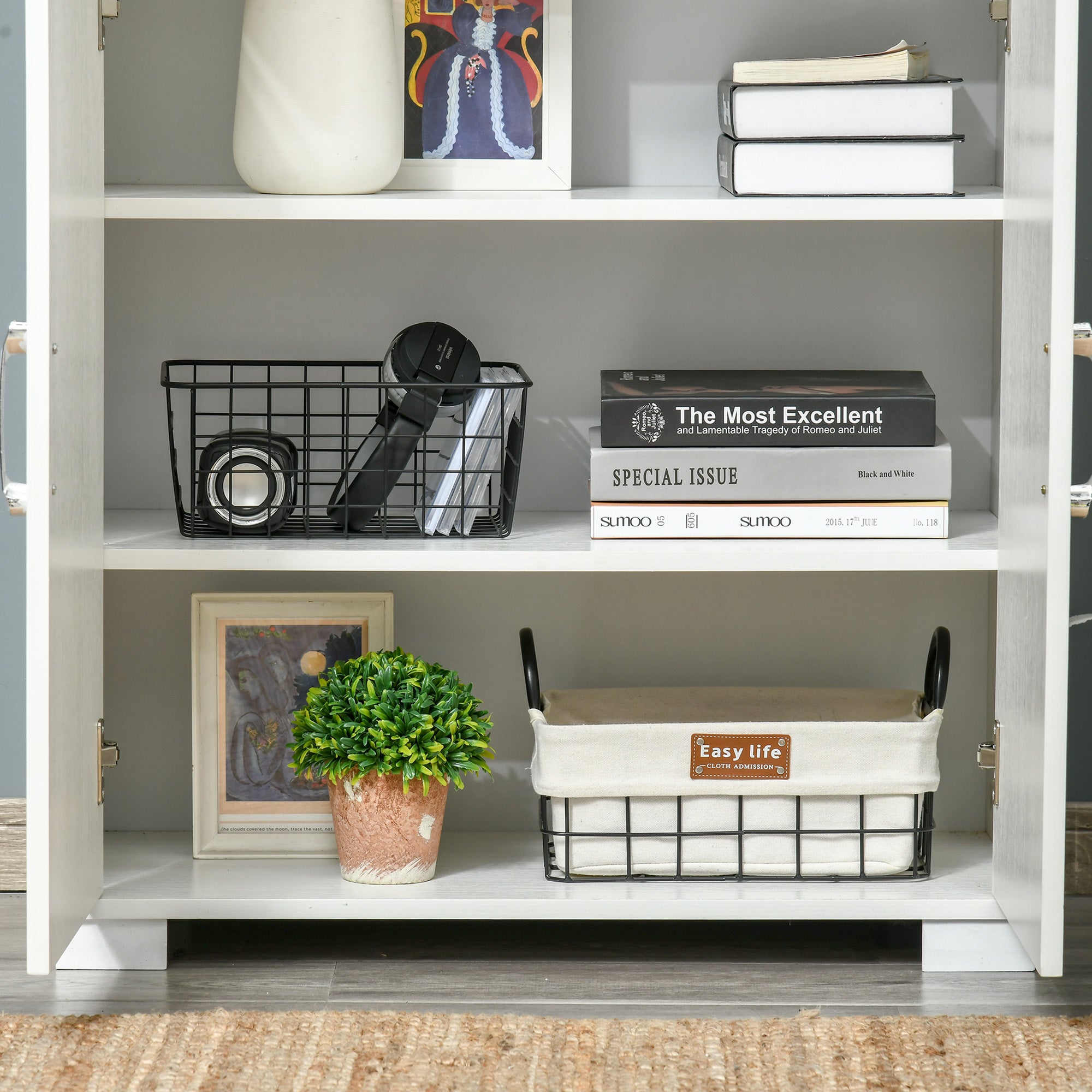 Industrial Kitchen Pantry Cabinet with 4 Doors and Storage Shelves Freestanding Cabinet White