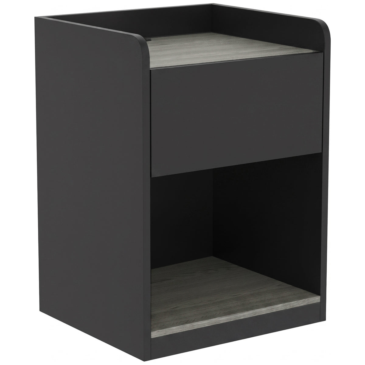 Modern Bedside Table, Slim Nightstand with Drawer, Shelf and Cable Holes, Bedside Cabinet for Bedroom, Living Room, Black and Grey Wood Effect