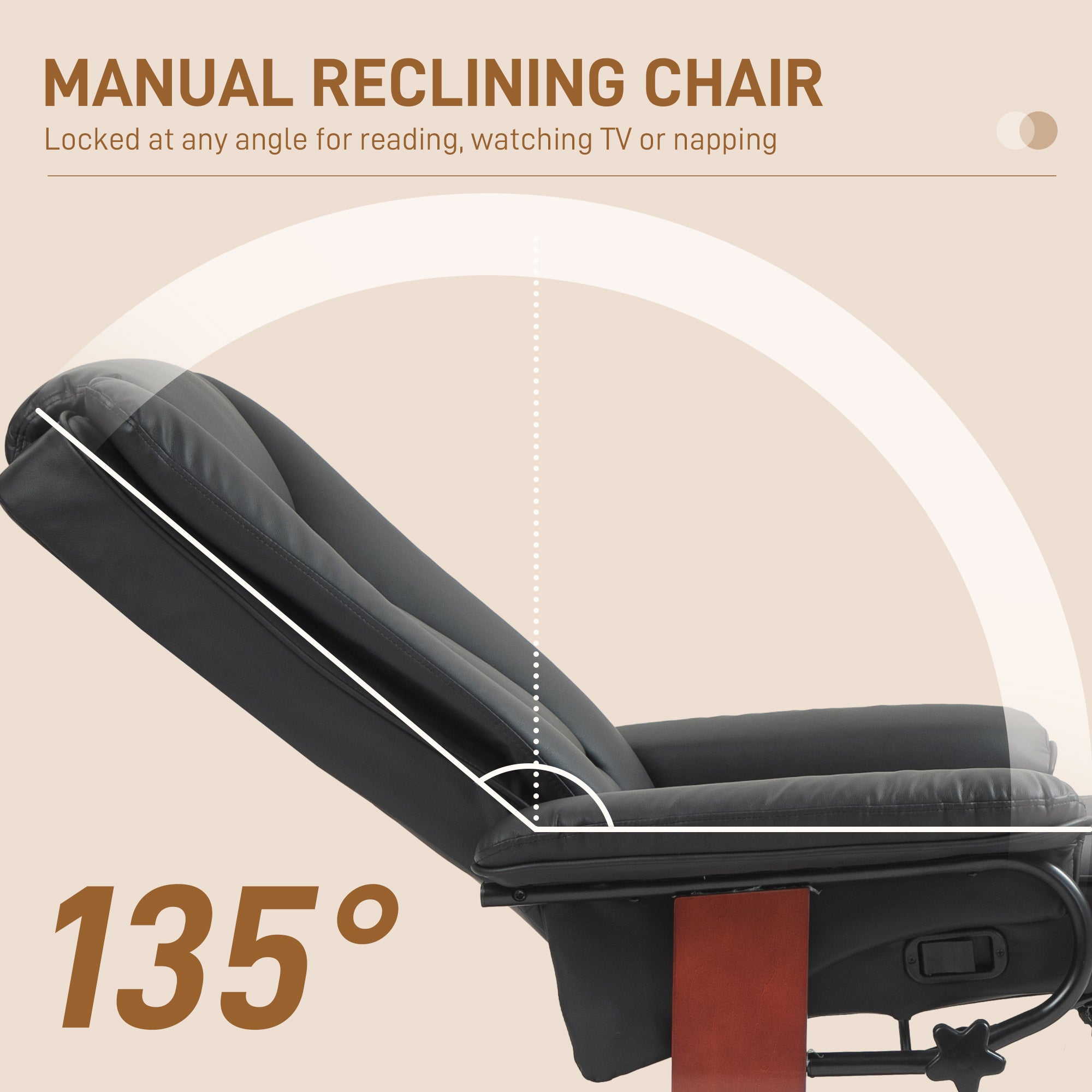 Manual Swivel Recliner Chair, PU Leather Reclining Chair with Footrest for Living Room, Black