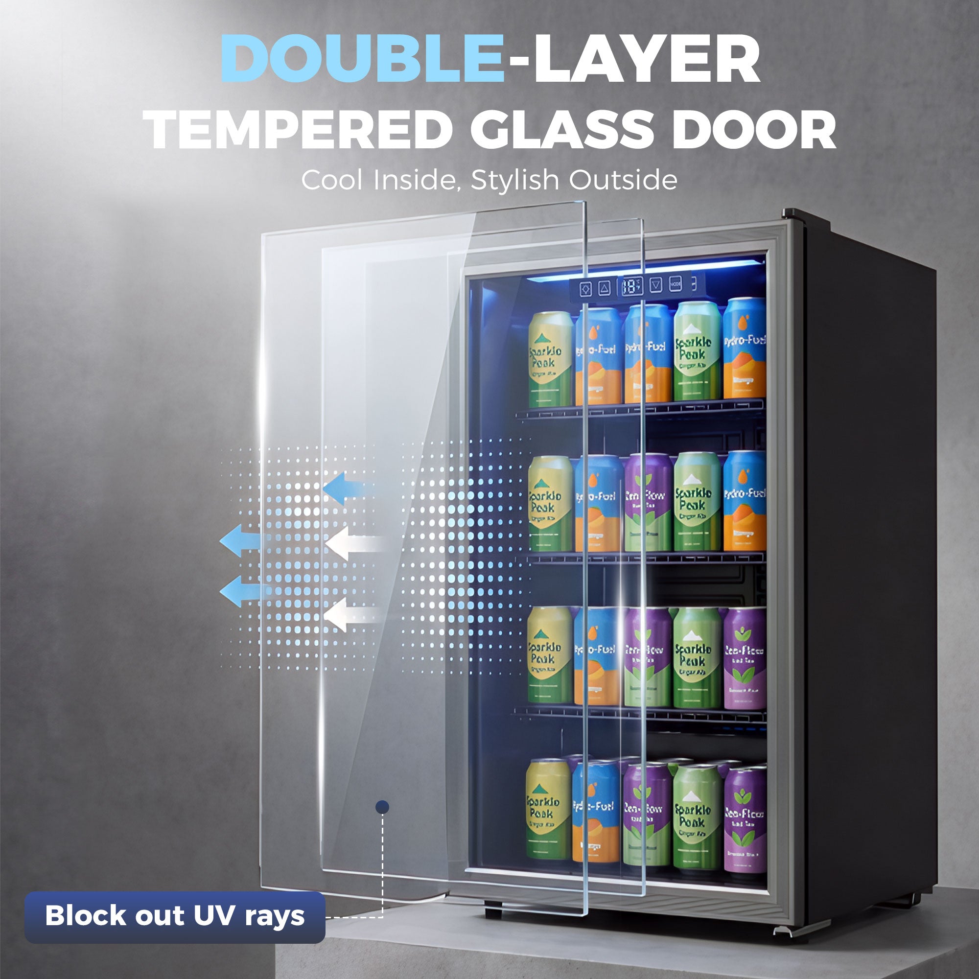 90L Drinks Fridge, 139 Can Under Counter Freestanding Beer Fridge with Double-Layer Glass Door, Wine Cooler with LED Light, Adjustable Shelves, Beverage Cooler for Soda Beer, Home Office