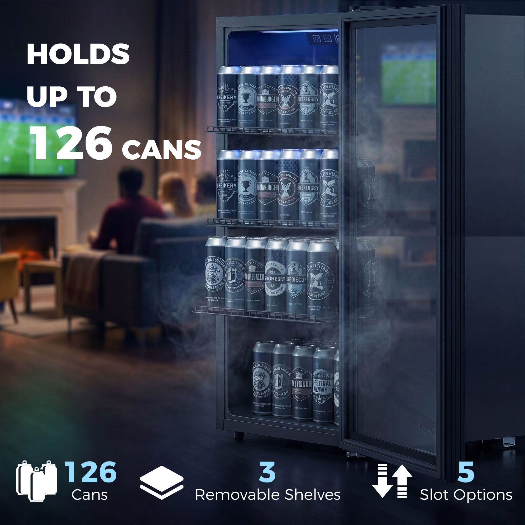 90L Drinks Fridge, 139 Can Under Counter Freestanding Beer Fridge with Double-Layer Glass Door, Wine Cooler with LED Light, Adjustable Shelves, Beverage Cooler for Soda Beer, Home Office