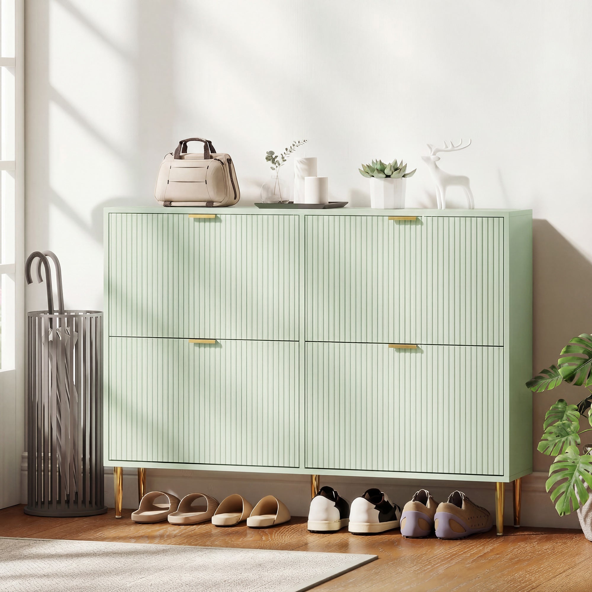 Narrow Shoe Cabinet with 4 Flip Drawers, Modern Slim Shoe Storage Cabinet with Fluted Doors and Adjustable Shelves for Hallway, Holds 10-20 Pairs, Light Green