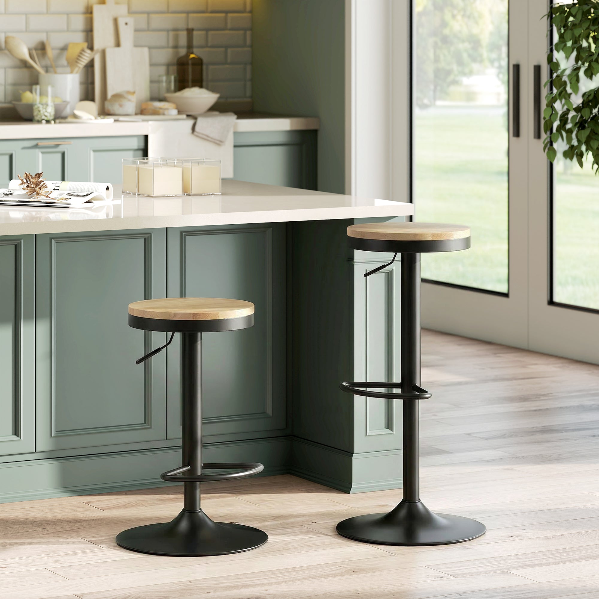 Wooden Bar Stools Set of 2, Adjustable Swivel Barstools with Rubber Wood Seat, Modern Bar Chairs for Kitchen Counter, Breakfast Island, Natural Wood and Black