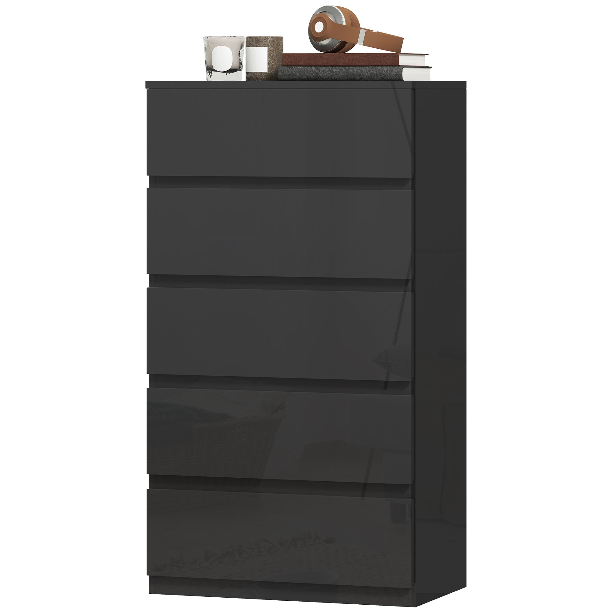 Chest of Drawers, 5 Drawers Storage Cabinet Floor Tower Cupboard for Bedroom Living Room, High Gloss Black