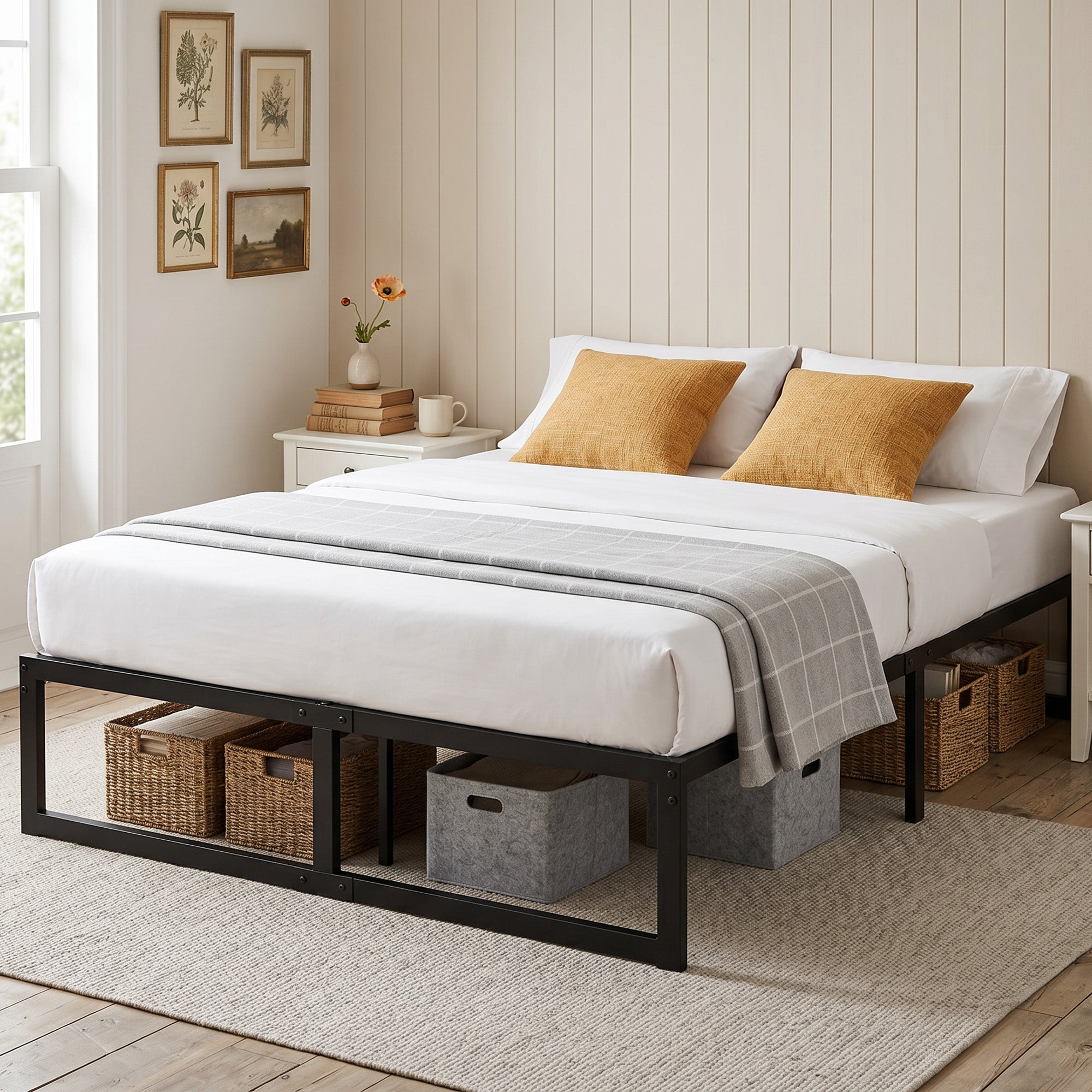 4ft6 Double Bed Frame with Underbed Storage, 32.5 cm Height, Metal Platform Bed Frame with Steel Slat Support, Noise-Free, Easy Assembly, Black