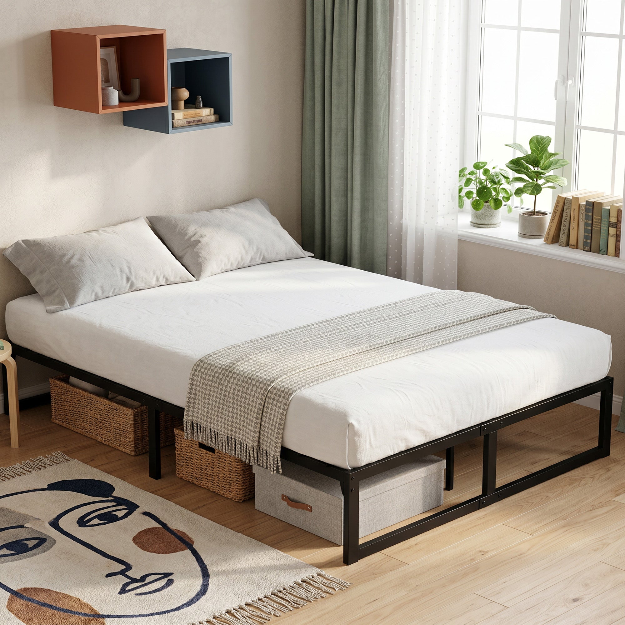 4ft6 Double Bed Frame with Underbed Storage, 32.5 cm Height, Metal Platform Bed Frame with Steel Slat Support, Noise-Free, Easy Assembly, Black