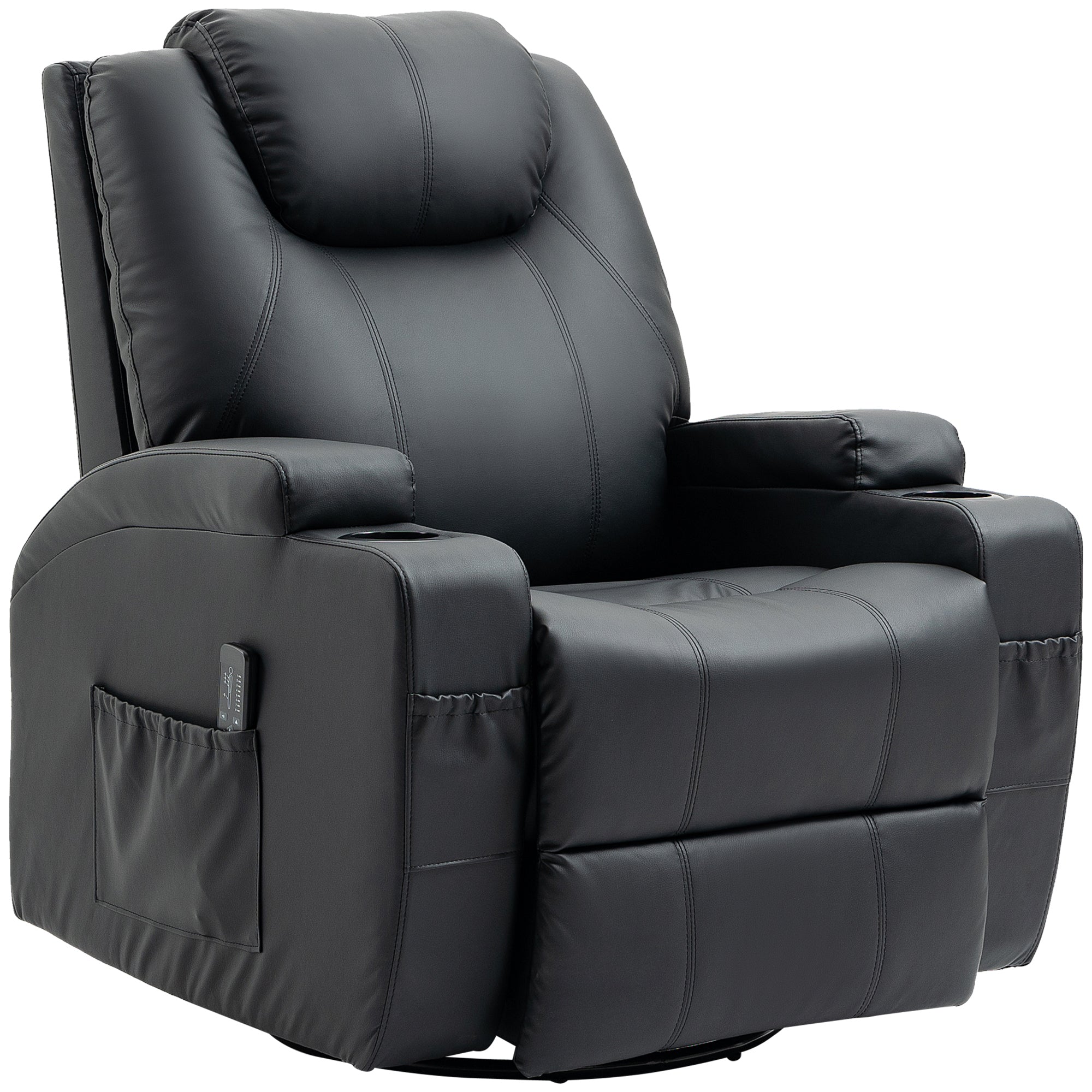 HOMCOM Massage Recliner Chair for Living Room with 8 Vibration Points, PU Leather Swivel Rocker Manual Reclining Chair with Cup Holders, Black