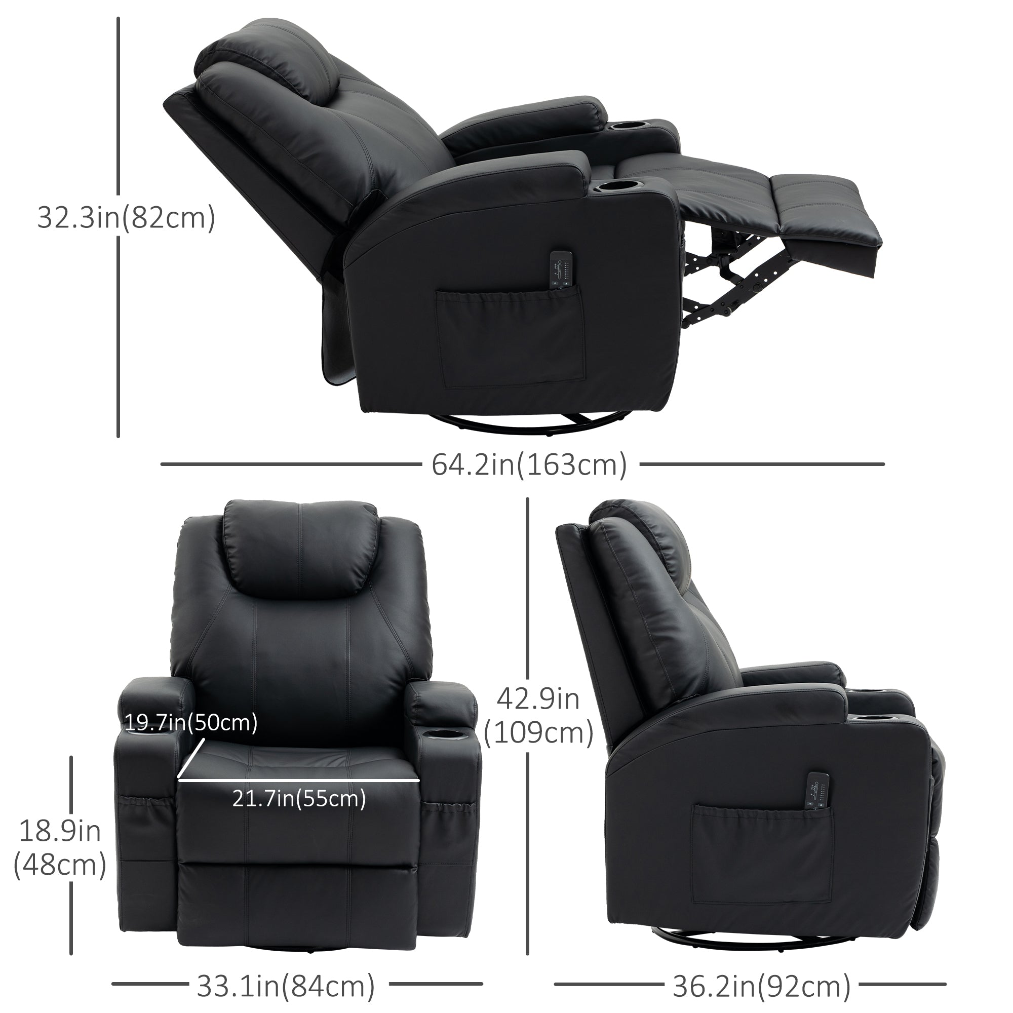 HOMCOM Massage Recliner Chair for Living Room with 8 Vibration Points, PU Leather Swivel Rocker Manual Reclining Chair with Cup Holders, Black