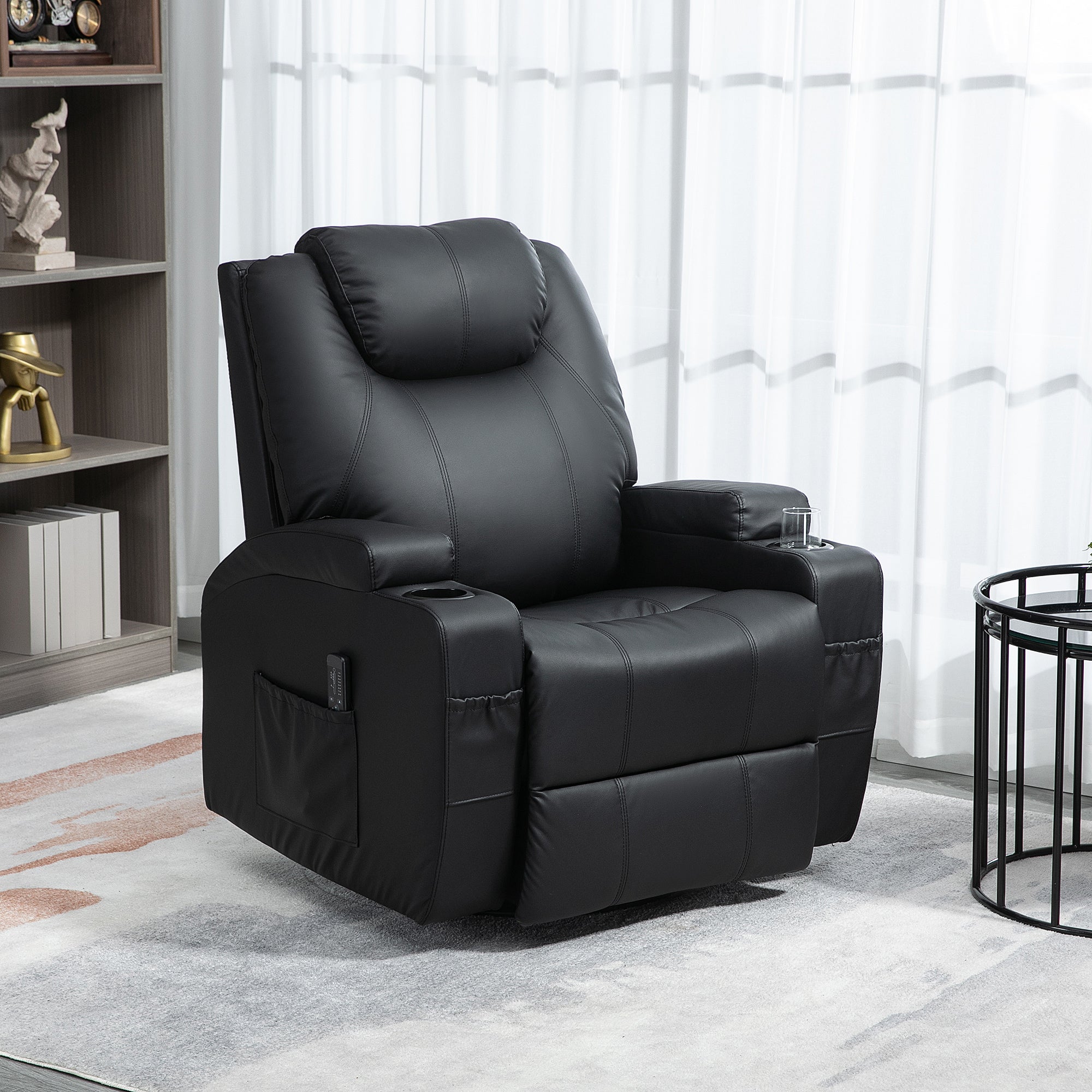 HOMCOM Massage Recliner Chair for Living Room with 8 Vibration Points, PU Leather Swivel Rocker Manual Reclining Chair with Cup Holders, Black