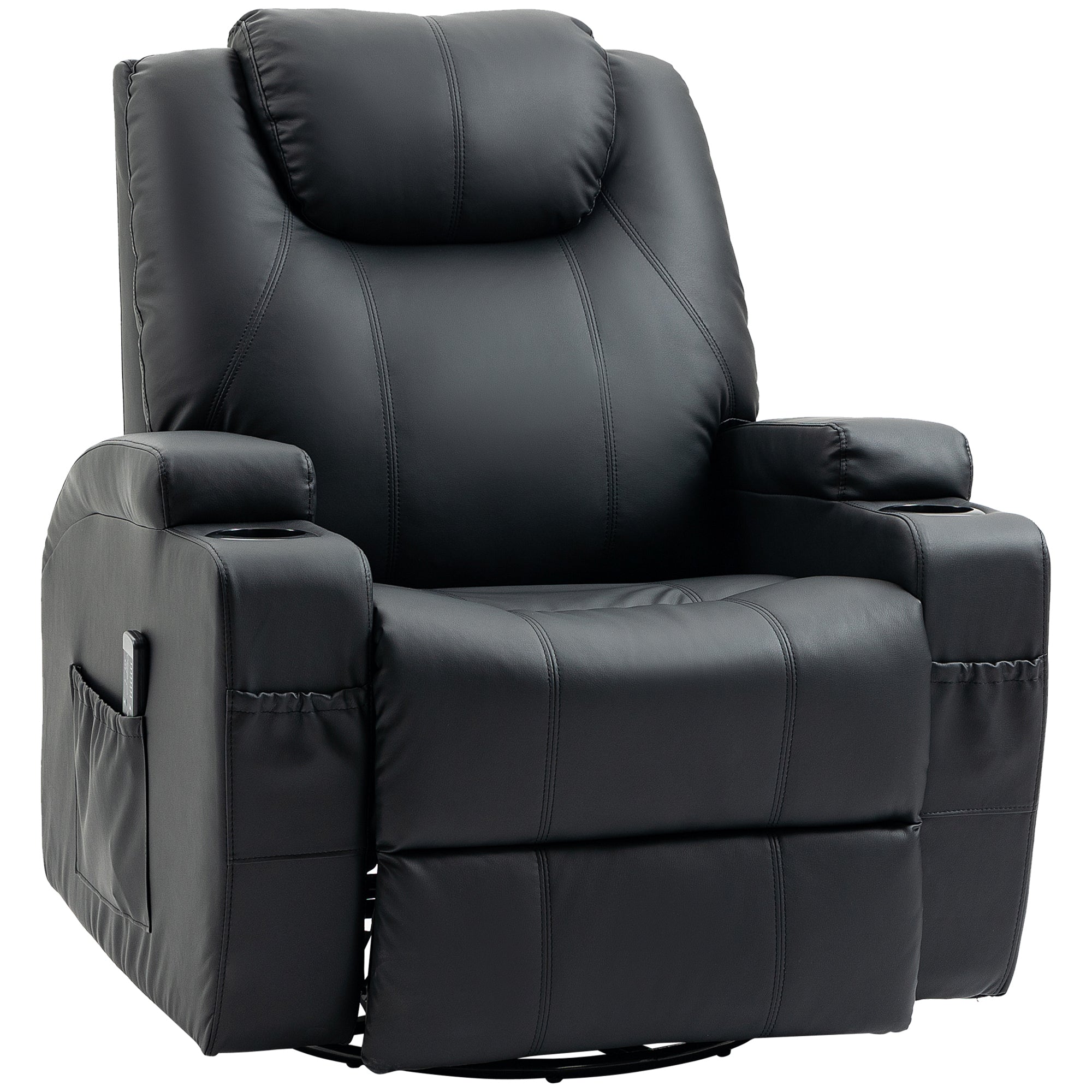 HOMCOM Massage Recliner Chair for Living Room with 8 Vibration Points, PU Leather Swivel Rocker Manual Reclining Chair with Cup Holders, Black