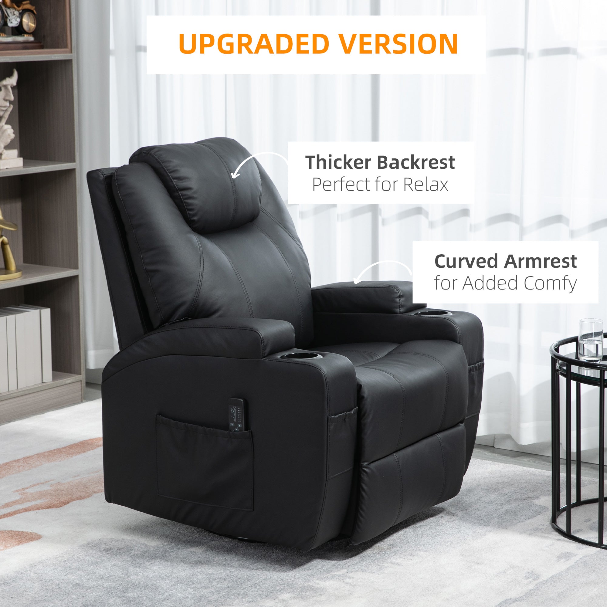 HOMCOM Massage Recliner Chair for Living Room with 8 Vibration Points, PU Leather Swivel Rocker Manual Reclining Chair with Cup Holders, Black