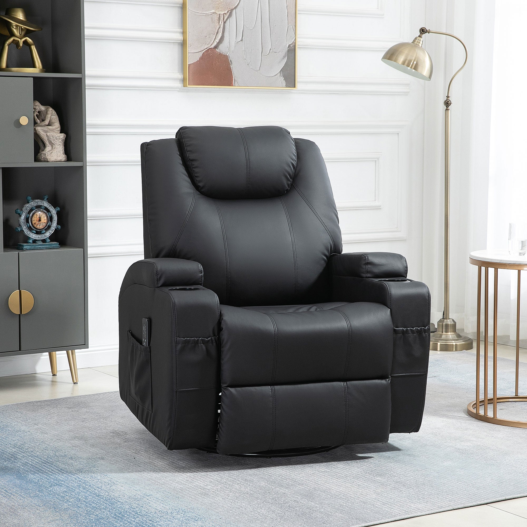 HOMCOM Massage Recliner Chair for Living Room with 8 Vibration Points, PU Leather Swivel Rocker Manual Reclining Chair with Cup Holders, Black