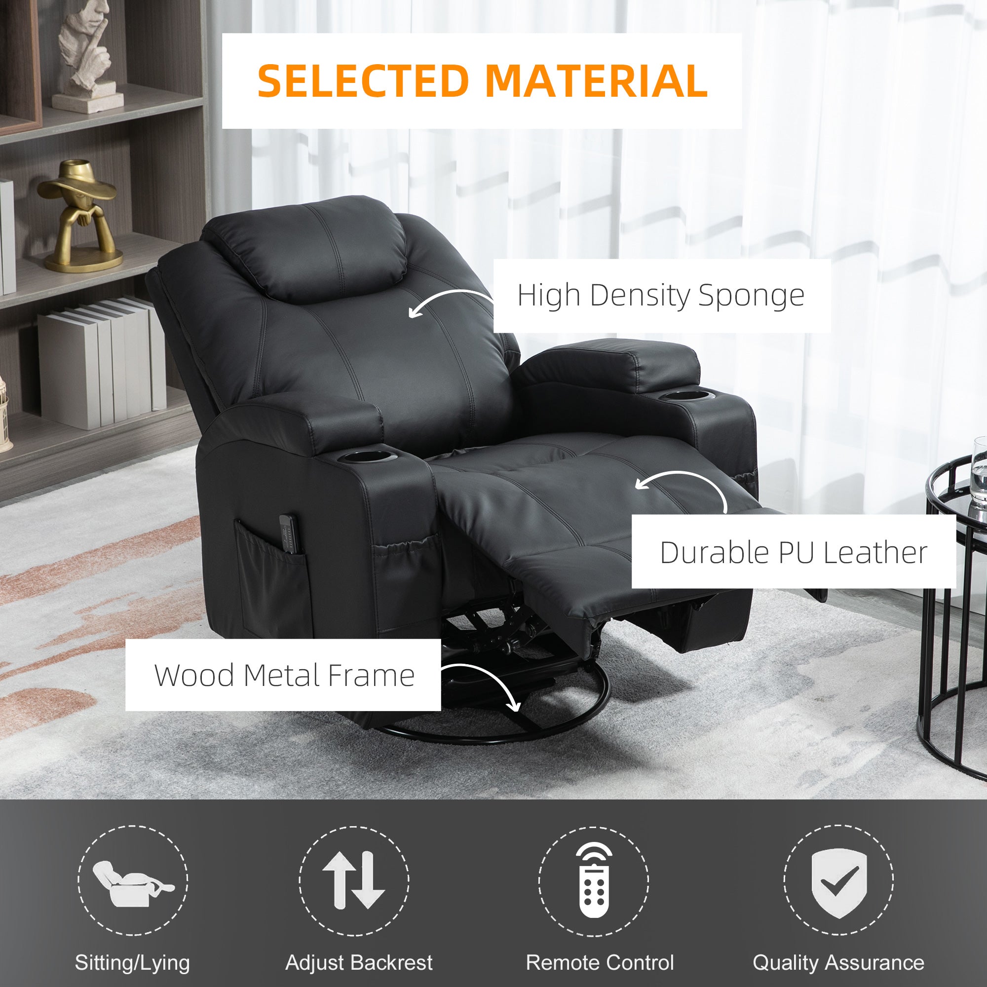 HOMCOM Massage Recliner Chair for Living Room with 8 Vibration Points, PU Leather Swivel Rocker Manual Reclining Chair with Cup Holders, Black