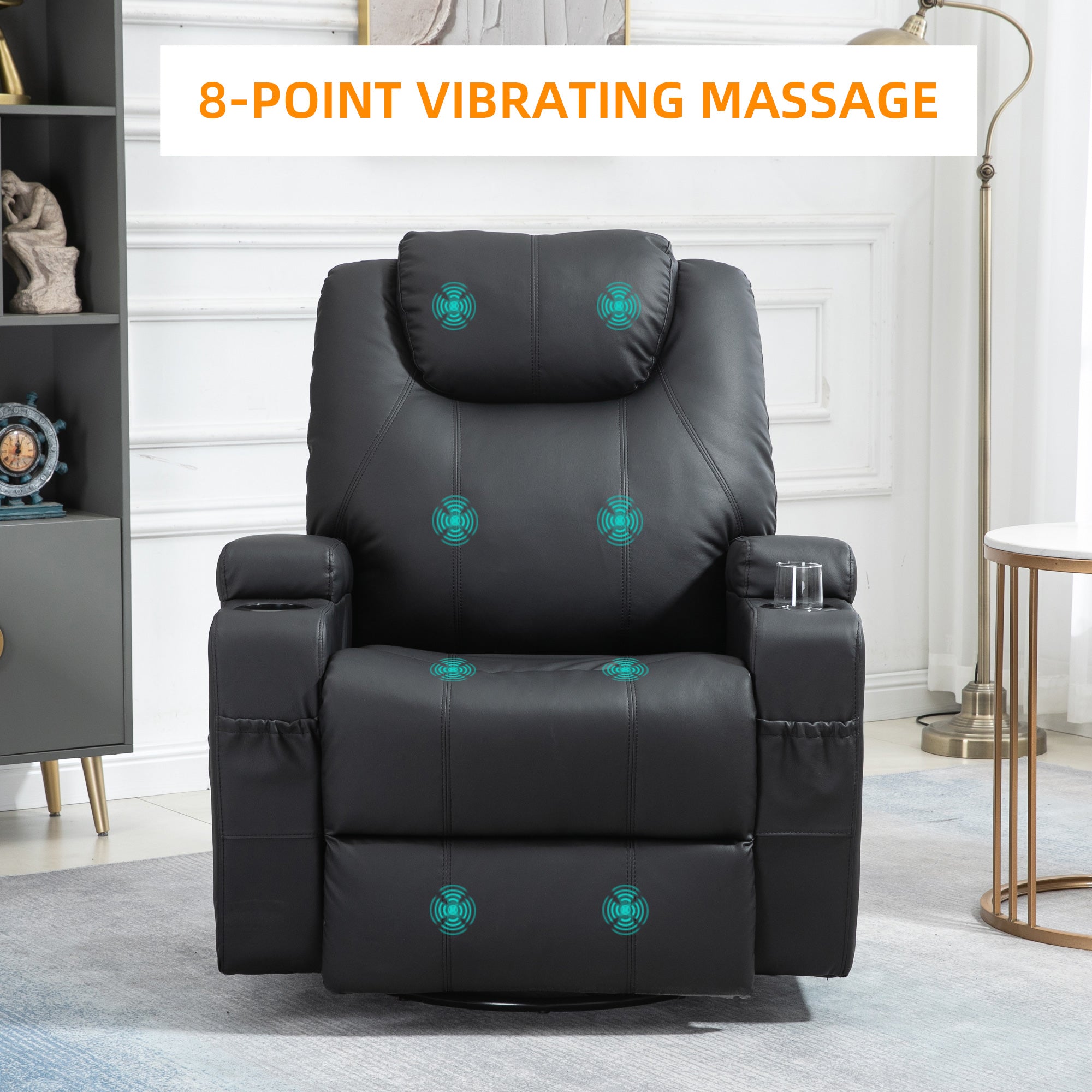 HOMCOM Massage Recliner Chair for Living Room with 8 Vibration Points, PU Leather Swivel Rocker Manual Reclining Chair with Cup Holders, Black