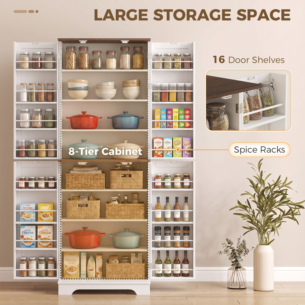 166cm Tall Kitchen Pantry Cabinet, Adjustable Shelves, Farmhouse Storage Cabinet with 8 Shelves and 16 Door Racks, Freestanding Food Pantry, Barn Doors, White and Brown