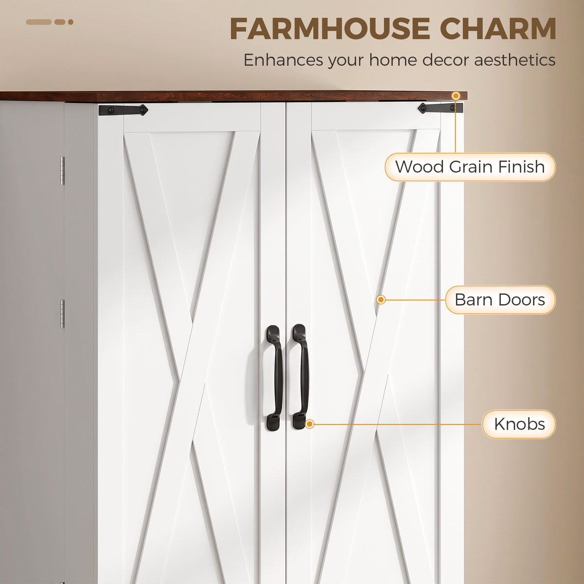 166cm Tall Kitchen Pantry Cabinet, Adjustable Shelves, Farmhouse Storage Cabinet with 8 Shelves and 16 Door Racks, Freestanding Food Pantry, Barn Doors, White and Brown