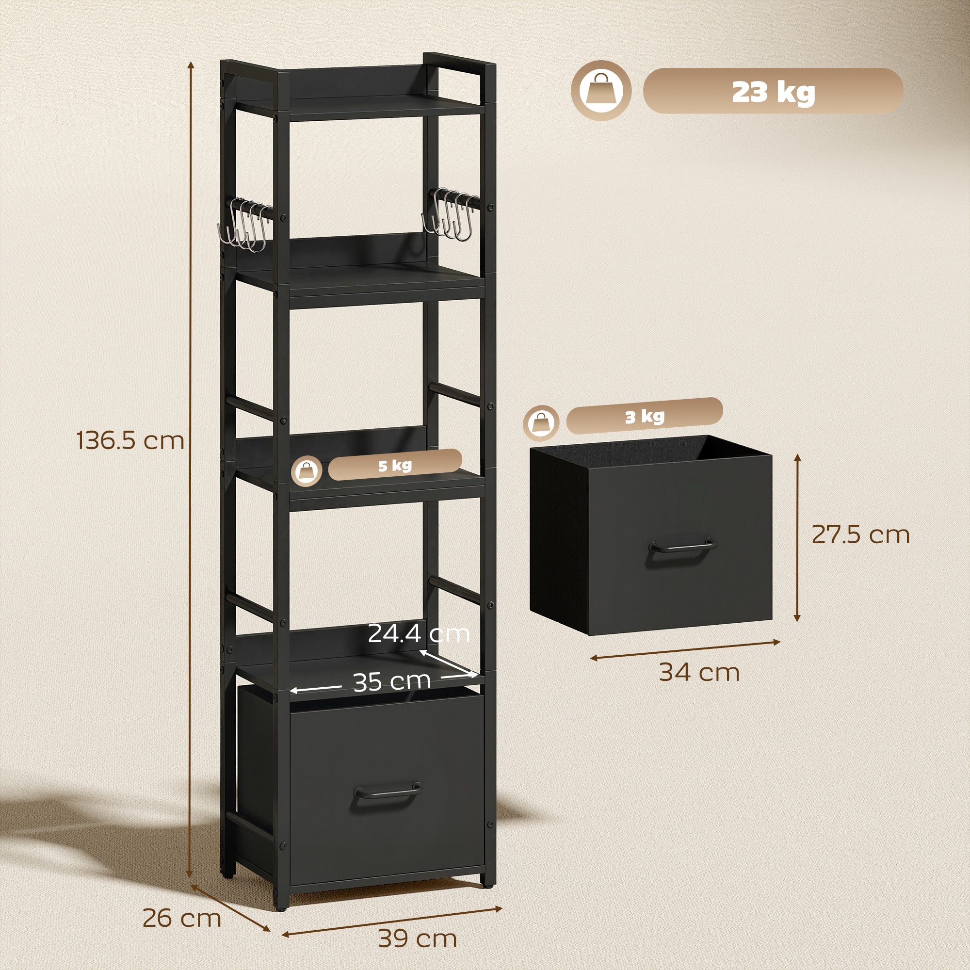 4-Tier Bookshelf, Narrow Bookcase with Drawer, 8 Hooks, Metal Frame, Shelving Unit for Living Room, Bedroom, Home Office, 39 x 26 x 136.5 cm, Black