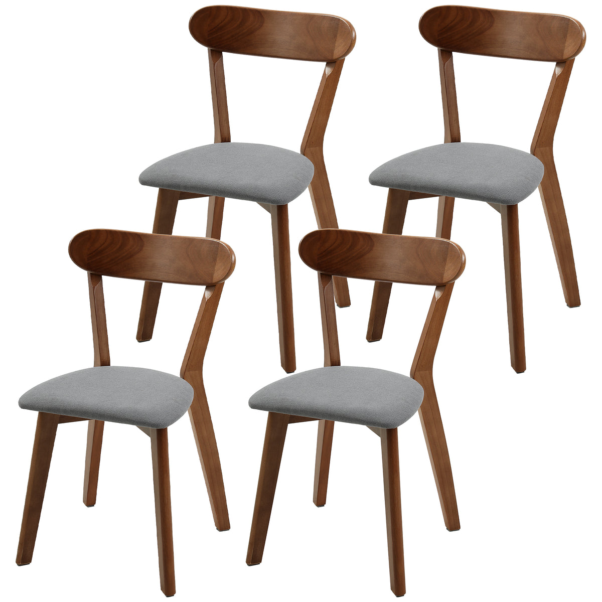 Dining Chairs Set of 4, Mid-Century Modern Upholstered Kitchen Chairs with Rubberwood Legs, Curved Backrest, Cushioned Seat for Dining Room, Living Room, Grey and Brown