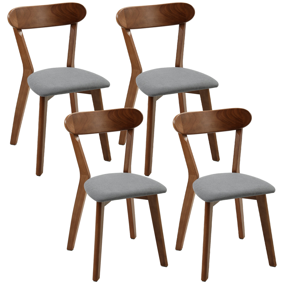 Dining Chairs Set of 4, Mid-Century Modern Upholstered Kitchen Chairs with Rubberwood Legs, Curved Backrest, Cushioned Seat for Dining Room, Living Room, Grey and Brown
