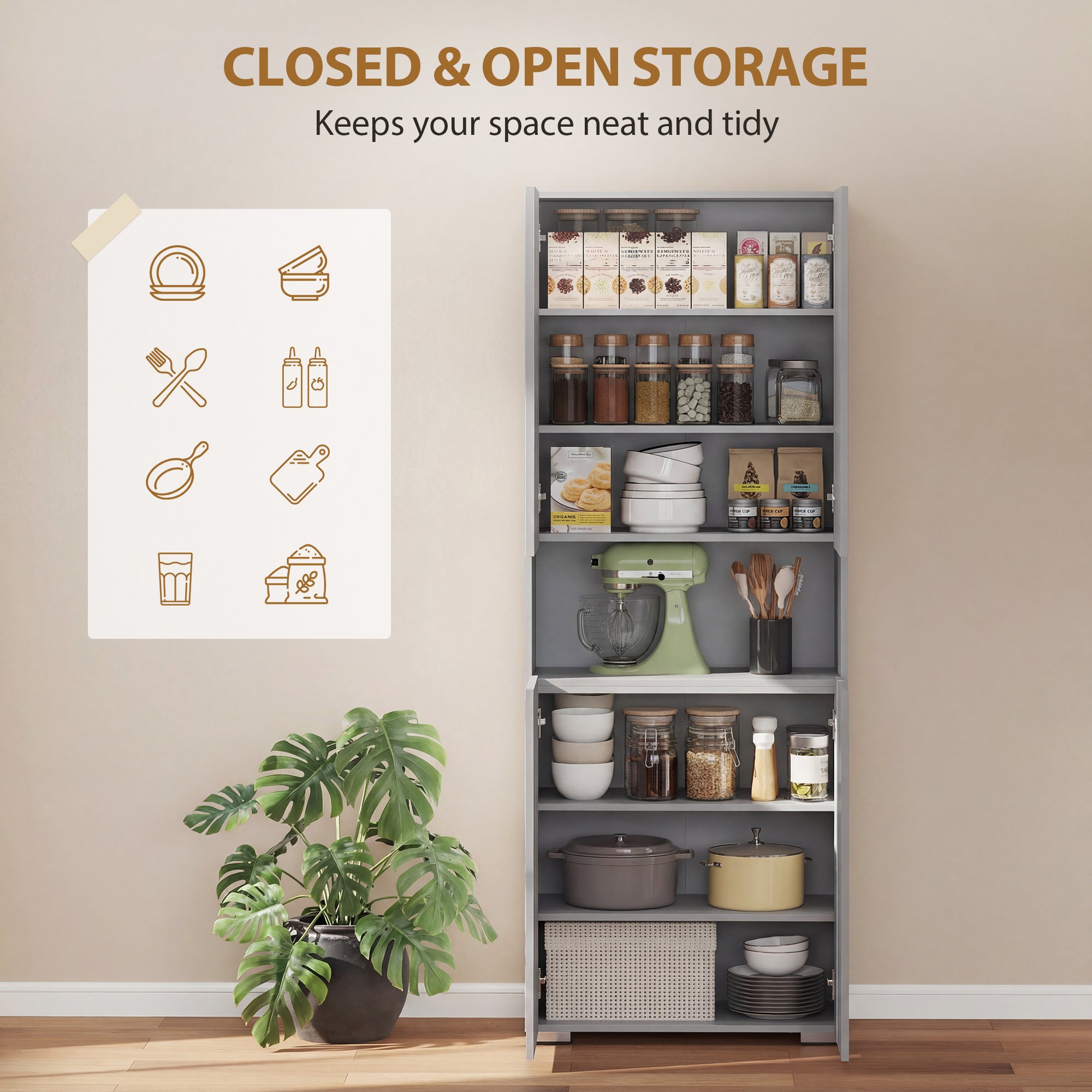 180 cm Tall Kitchen Cupboard, Pantry Storage Cabinet with Soft Close Doors and Adjustable Shelves, Freestanding Kitchen Cabinet for Dining Room, High Gloss Grey