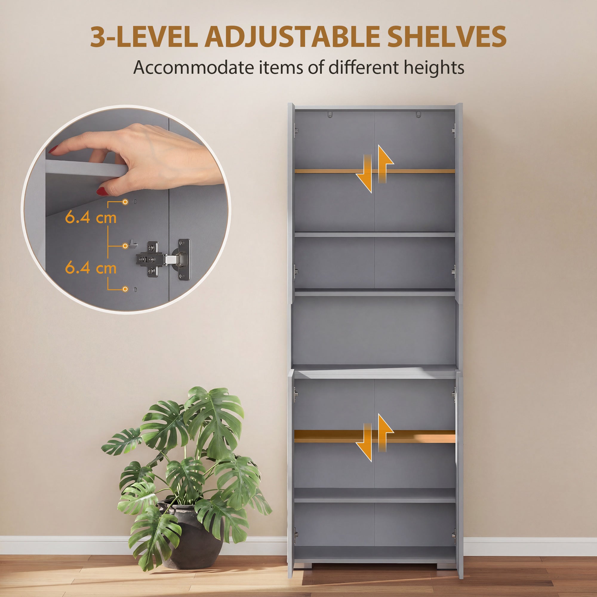 180 cm Tall Kitchen Cupboard, Pantry Storage Cabinet with Soft Close Doors and Adjustable Shelves, Freestanding Kitchen Cabinet for Dining Room, High Gloss Grey