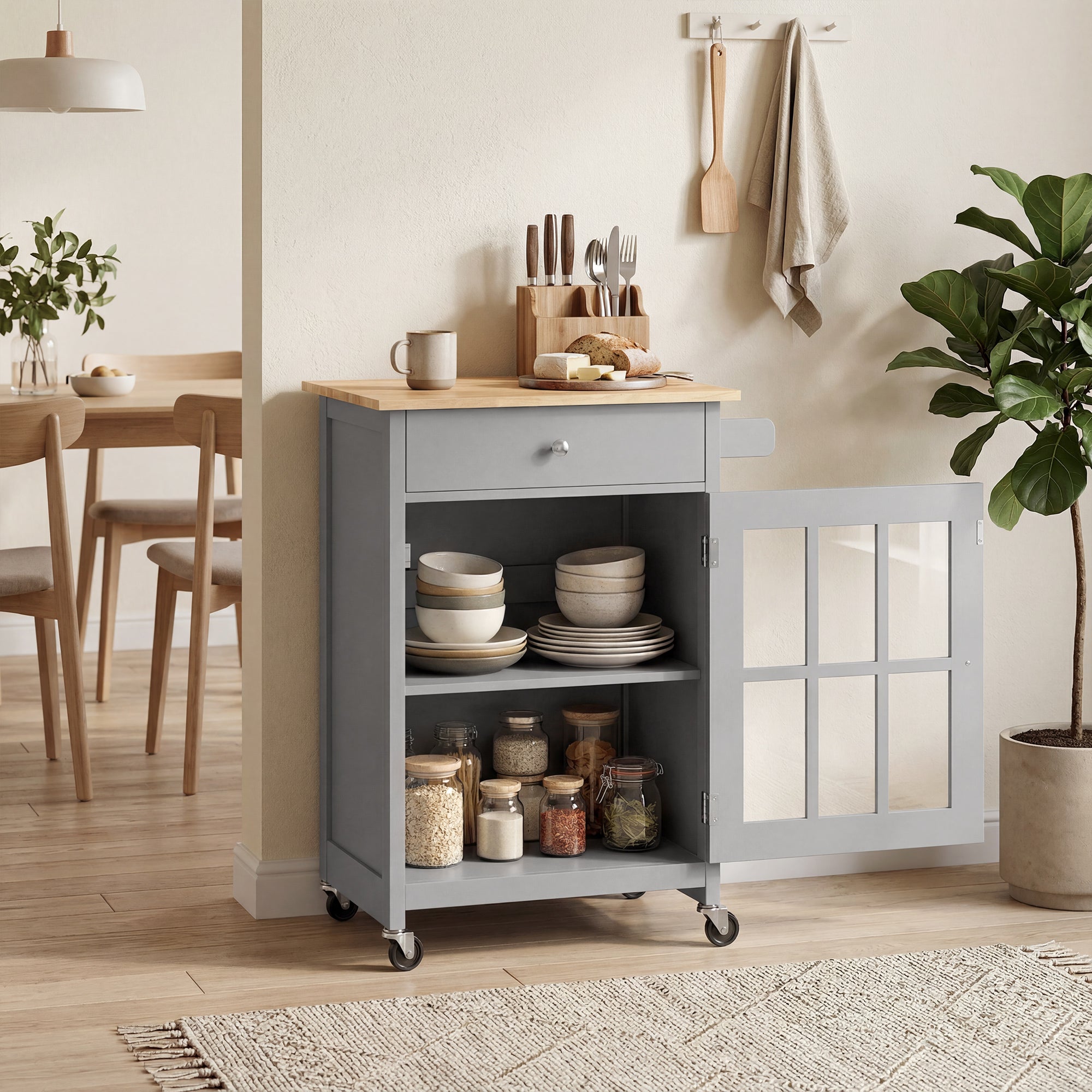 Rolling Kitchen Cart with Drawer and Glass Door Cabinet, Kitchen Island on Wheels with Adjustable Shelf and Towel Rack (Dark Grey)