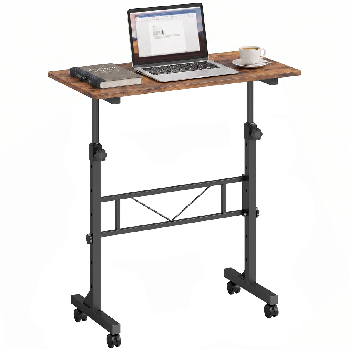 Overbed Table With Wheels and Brakes, Adjustable Height Laptop Desk, Portable Hospital Bed Table with Steel Frame for Living Room, Bedroom and Study, Rustic Brown and Black