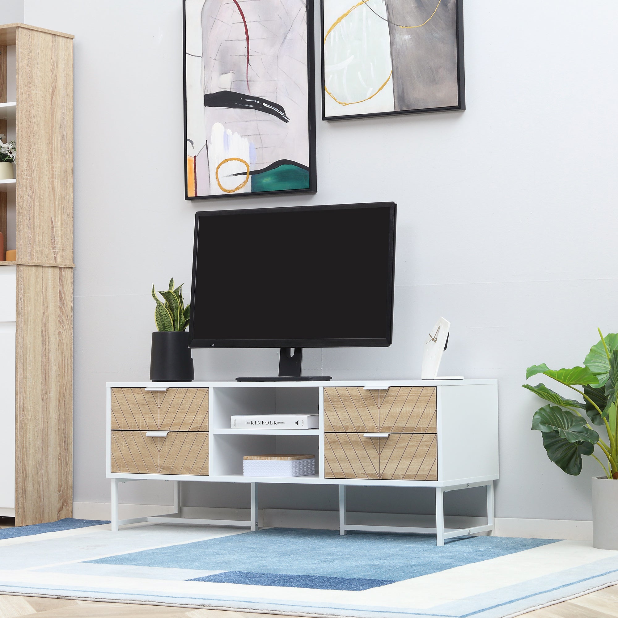 HOMCOM Modern TV Stand for TVs up to 60 inches, Media Console Table with Open Storage Shelves and Drawers for Living Room, Bedroom, White