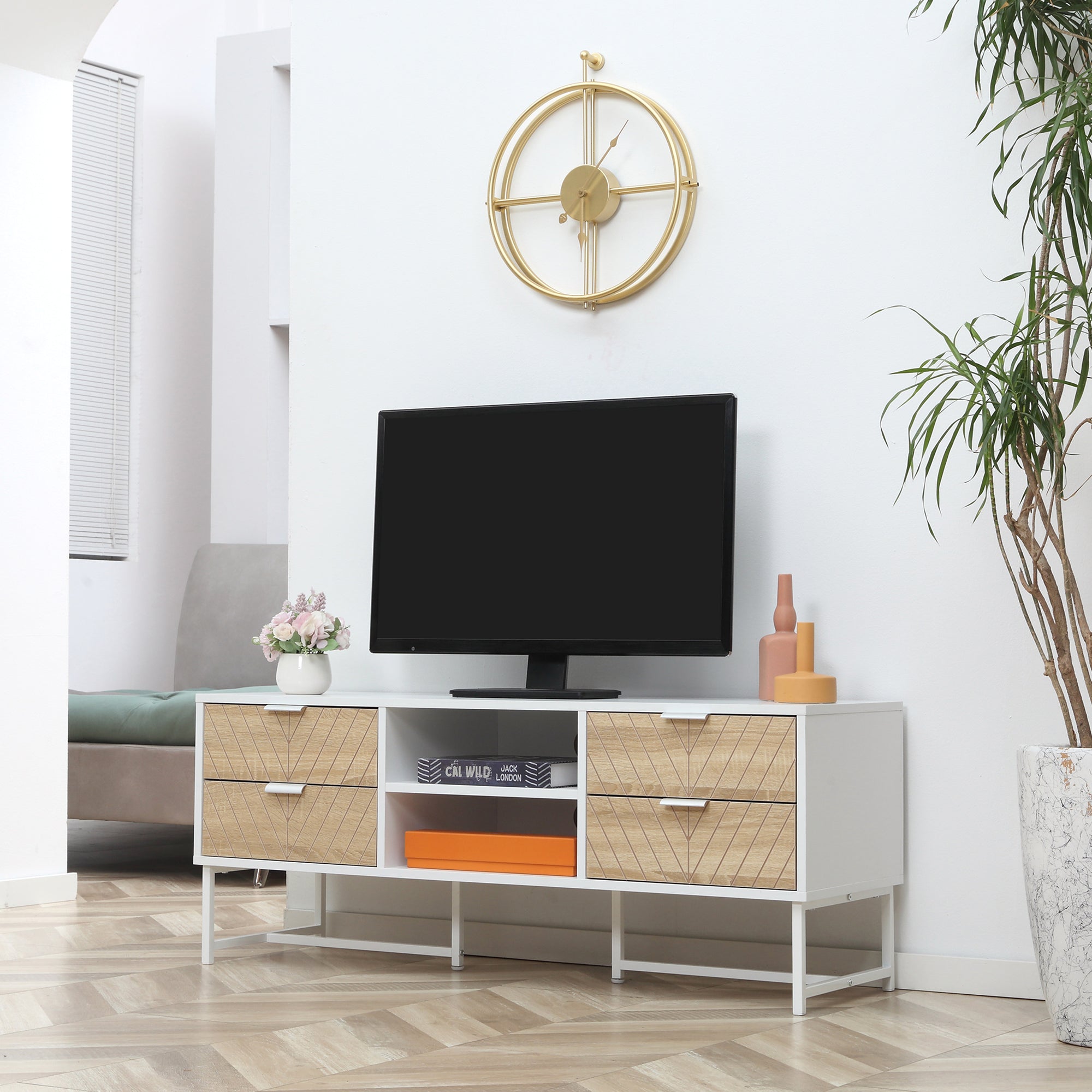 HOMCOM Modern TV Stand for TVs up to 60 inches, Media Console Table with Open Storage Shelves and Drawers for Living Room, Bedroom, White