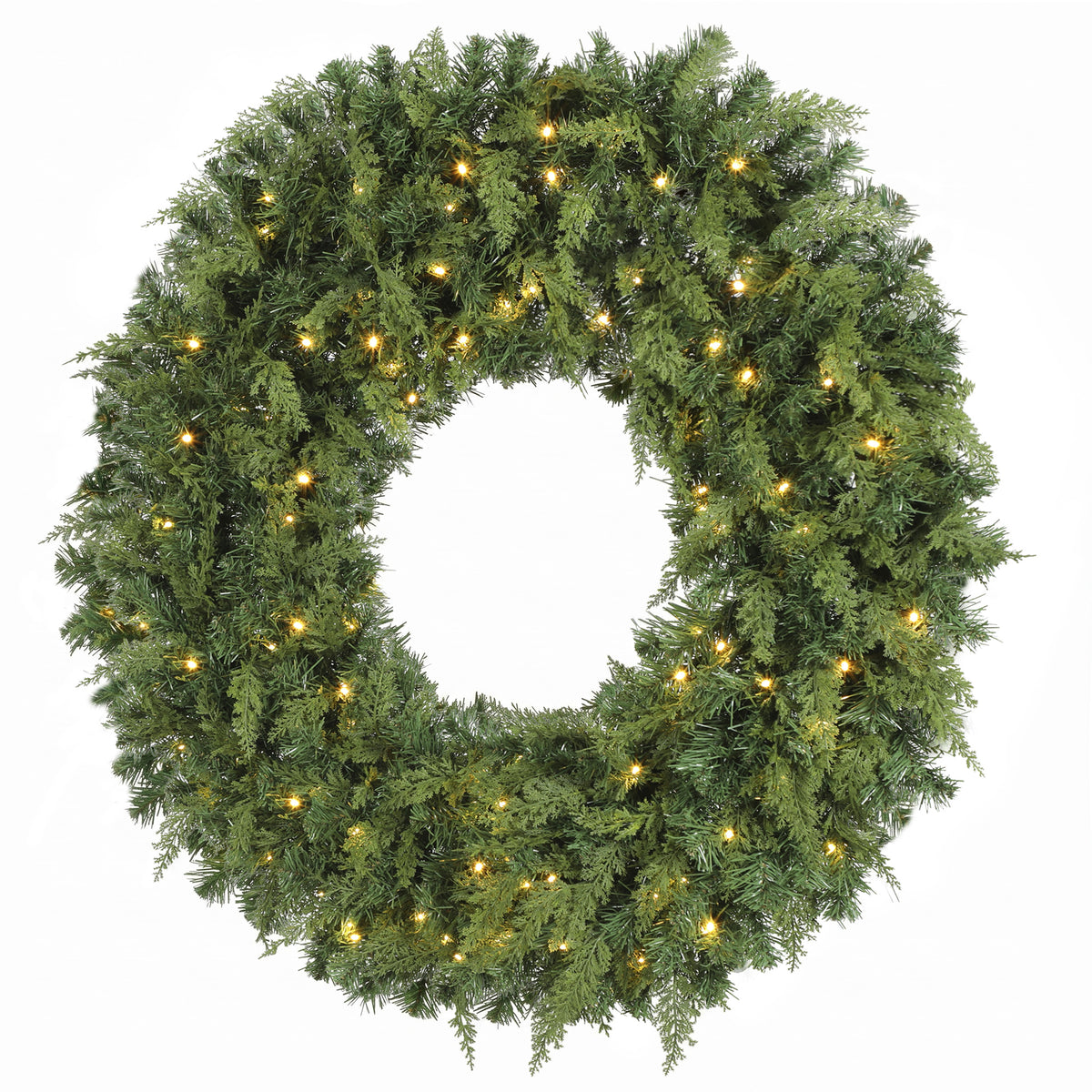 48 in Pre-Lit Cedar Artificial Christmas Wreath, Christmas Decoration with 150 Warm White LED Lights, 550 Tips, 8 Modes for Door, Mantel, Window, Indoor, Covered Outdoor, Green