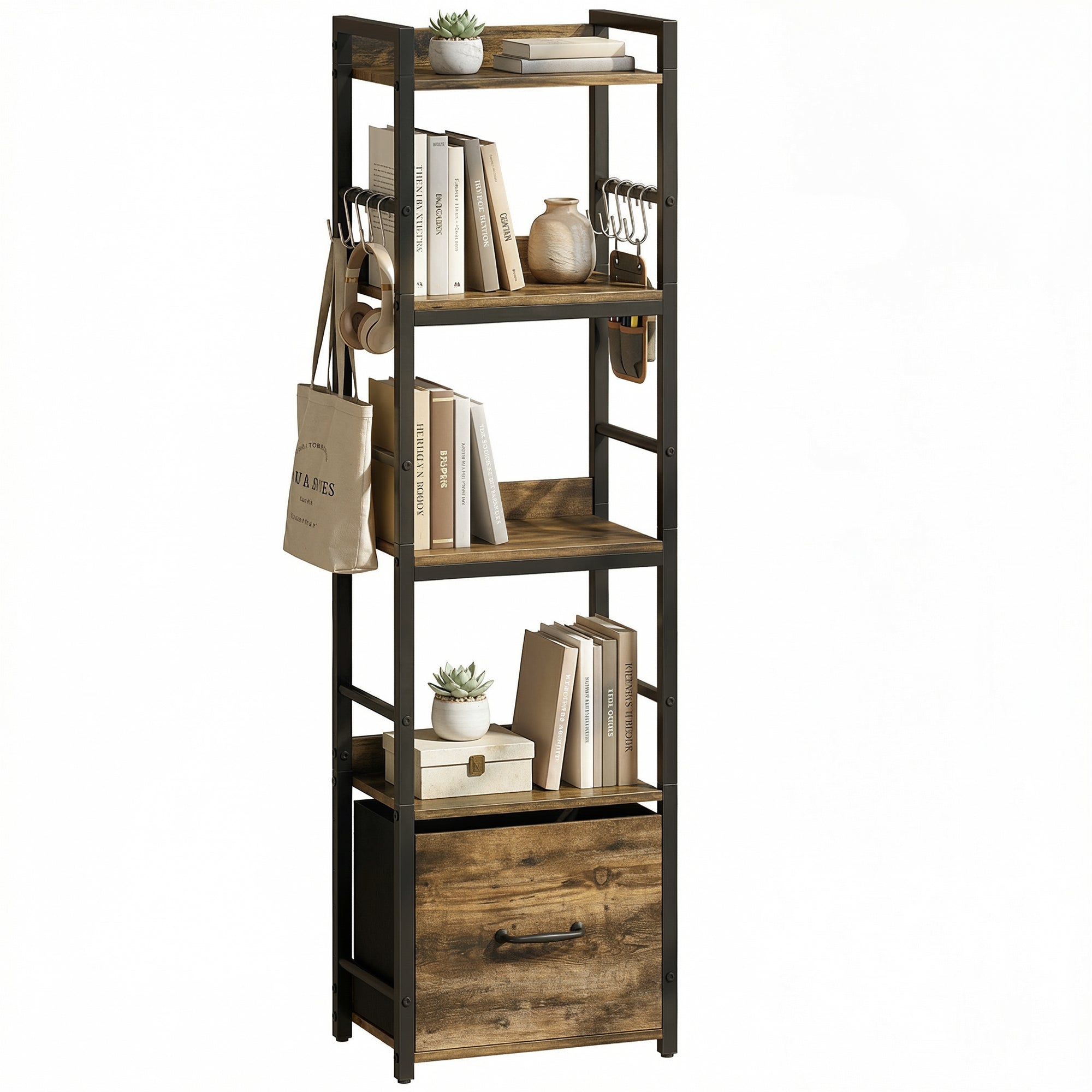 4-Tier Bookshelf, Narrow Bookcase with Drawer, 8 Hooks, Metal Frame, Shelving Unit for Living Room, Bedroom, Home Office, 39 x 26 x 136.5 cm, Rustic Brown