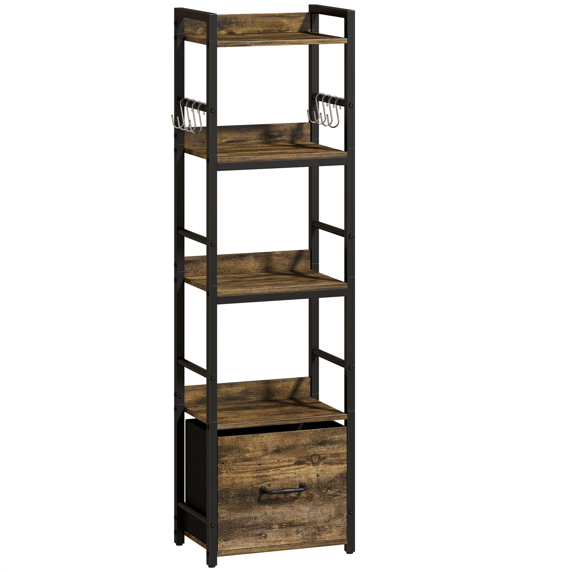 4-Tier Bookshelf, Narrow Bookcase with Drawer, 8 Hooks, Metal Frame, Shelving Unit for Living Room, Bedroom, Home Office, 39 x 26 x 136.5 cm, Rustic Brown