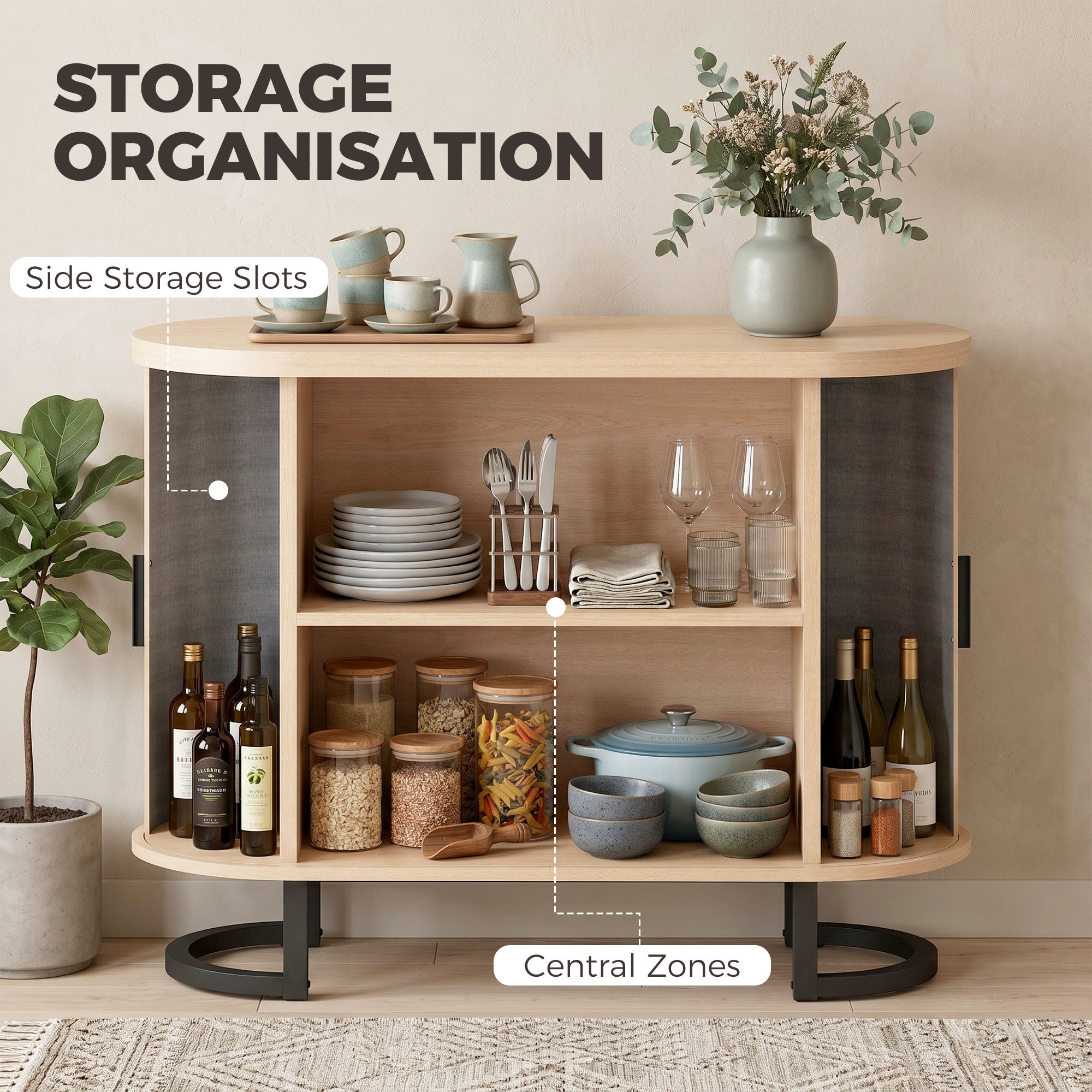 Sideboard Buffet Cabinet with Curved Tambour Doors and Thick Tabletop, 39.4" Coffee Bar Cabinet with Arc Metal Legs, Coffee Bar Station, Natural Wood