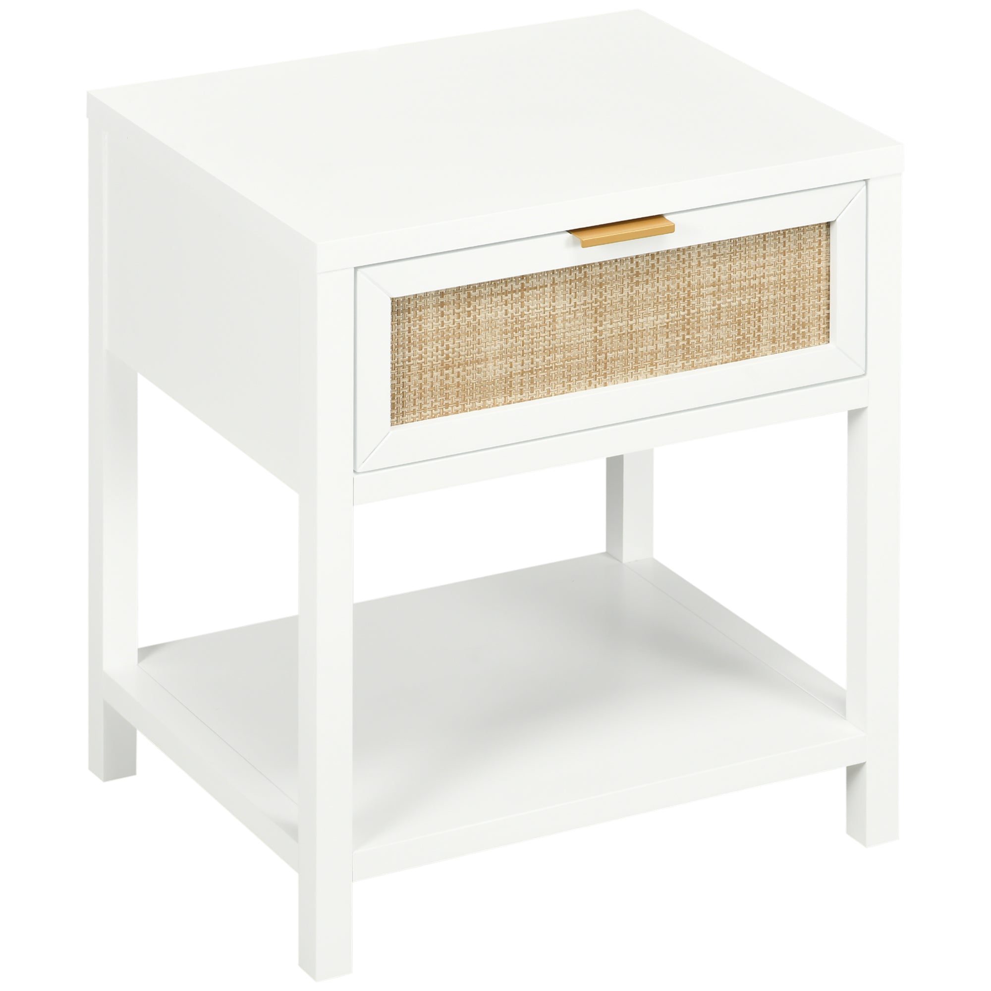 HOMCOM Bedside Table, Boho Nightstand with Drawer, Open Shelf and Rattan Element, Small Side Table for Bedroom, White