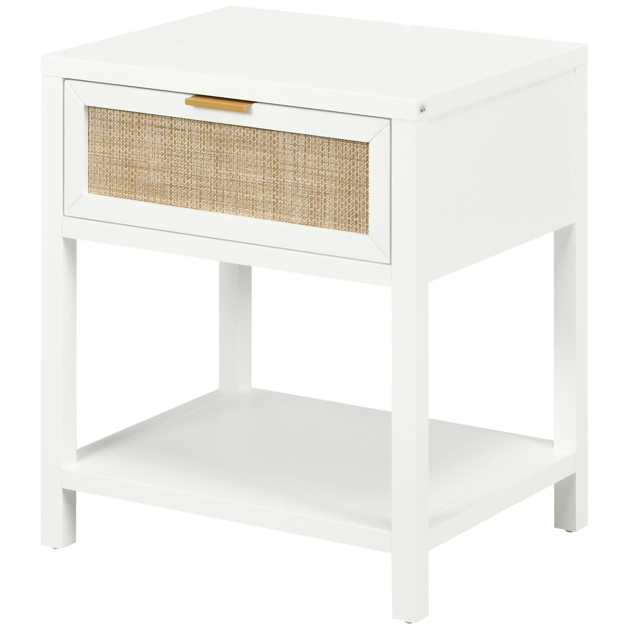 HOMCOM Bedside Table, Boho Nightstand with Drawer, Open Shelf and Rattan Element, Small Side Table for Bedroom, White