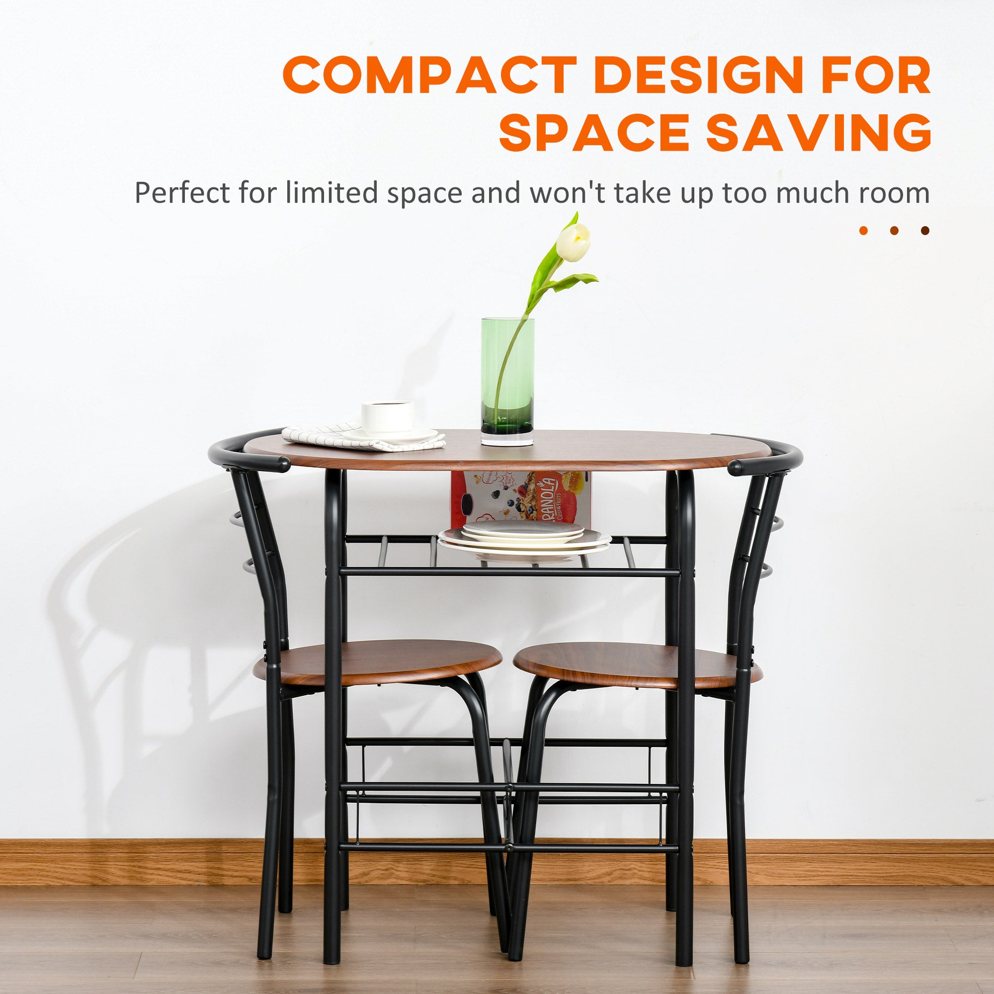 HOMCOM 3-Piece Dining Table Set, Oval Kitchen Table and 2 Chairs, Small Breakfast Table Set with Metal Frame, Built-in Wine Rack for Small Space, Dining Room, Living Room, 31.5" x 20.5" x 29.9"