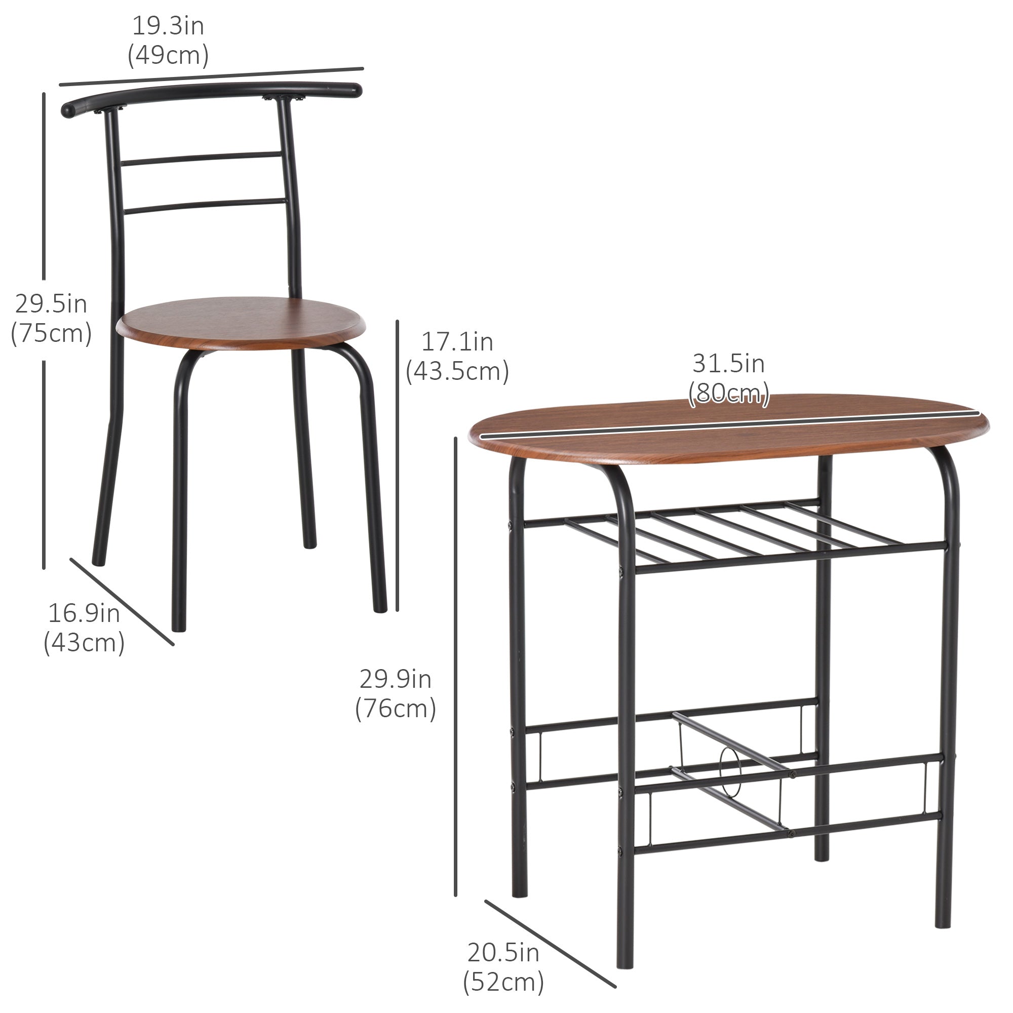 HOMCOM 3-Piece Dining Table Set, Oval Kitchen Table and 2 Chairs, Small Breakfast Table Set with Metal Frame, Built-in Wine Rack for Small Space, Dining Room, Living Room, 31.5" x 20.5" x 29.9"