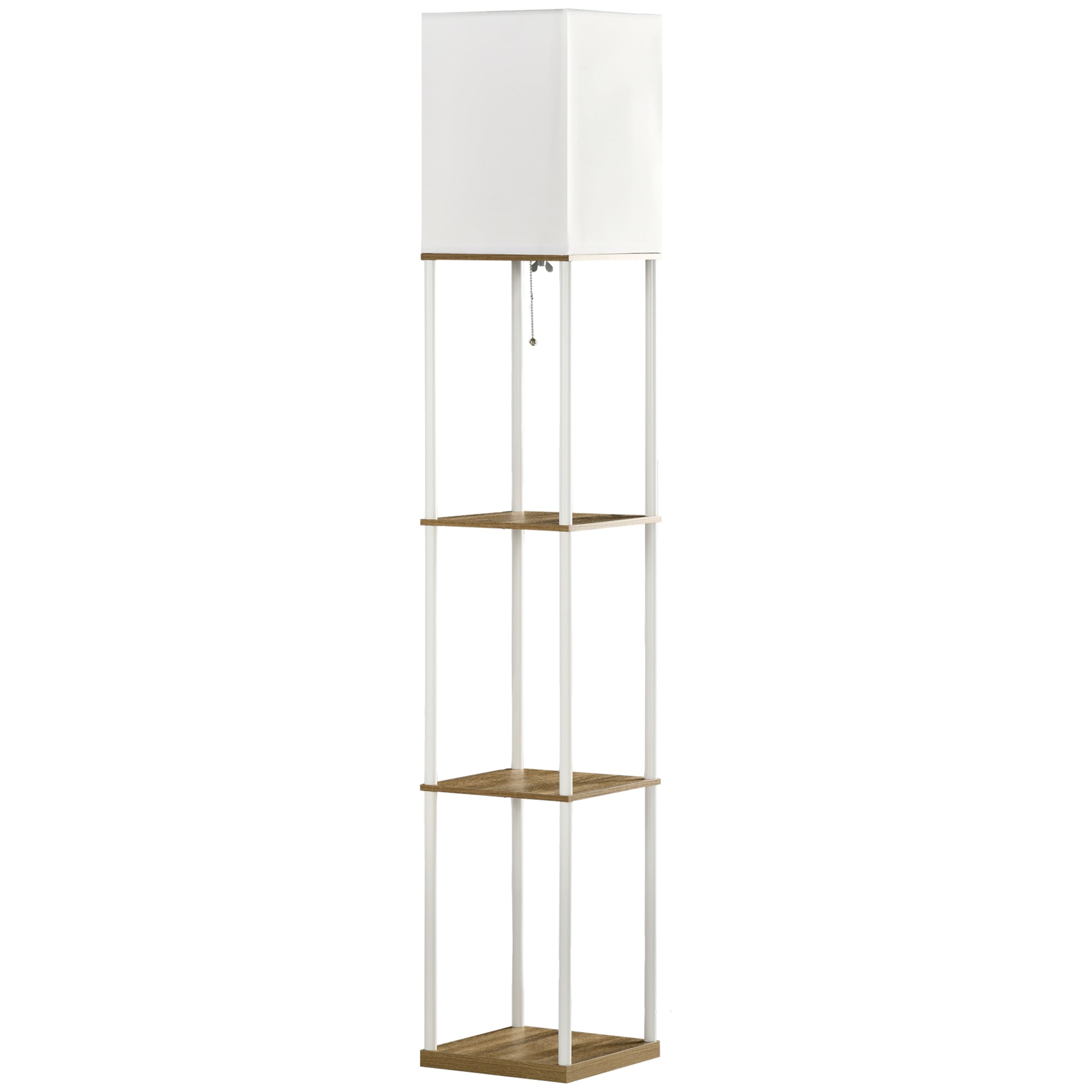 HOMCOM Modern Floor Lamp with Shelves, 3 Layer Shelf Tall Standing Lamp with Fabric Lampshade, Pull Chain Switch for Living Room, Bedroom, Bulb not Included, White