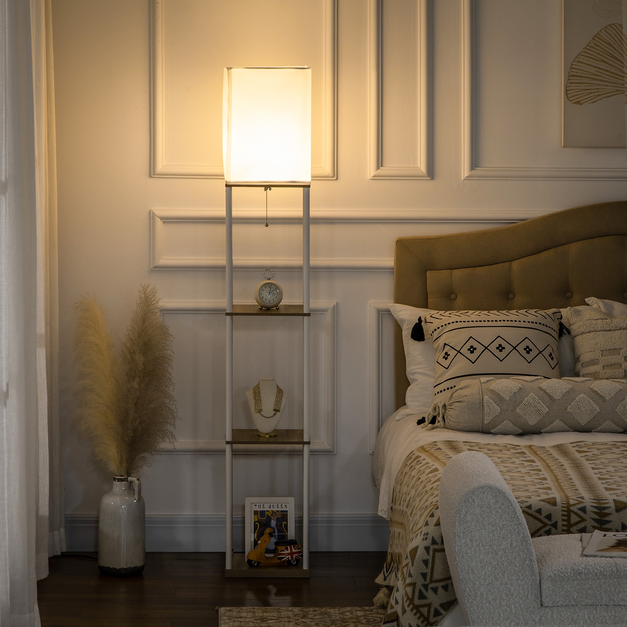 HOMCOM Modern Floor Lamp with Shelves, 3 Layer Shelf Tall Standing Lamp with Fabric Lampshade, Pull Chain Switch for Living Room, Bedroom, Bulb not Included, White