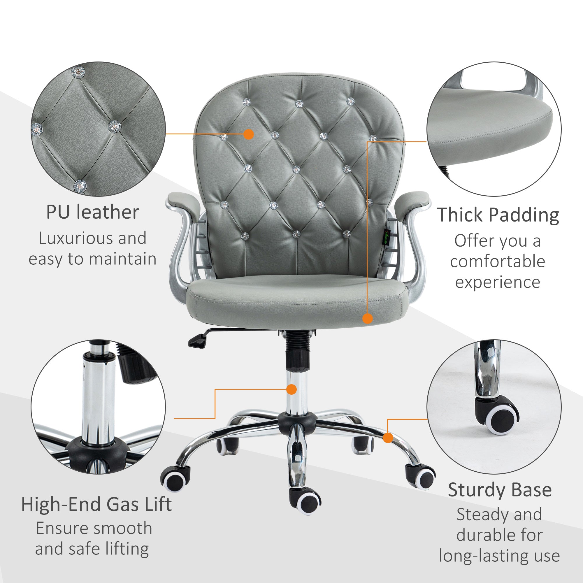 Vinsetto Office Chair, Swivel Desk Chair, PU Vanity Chair with Adjustable Height and Rolling Wheels for Home Work Study, Grey