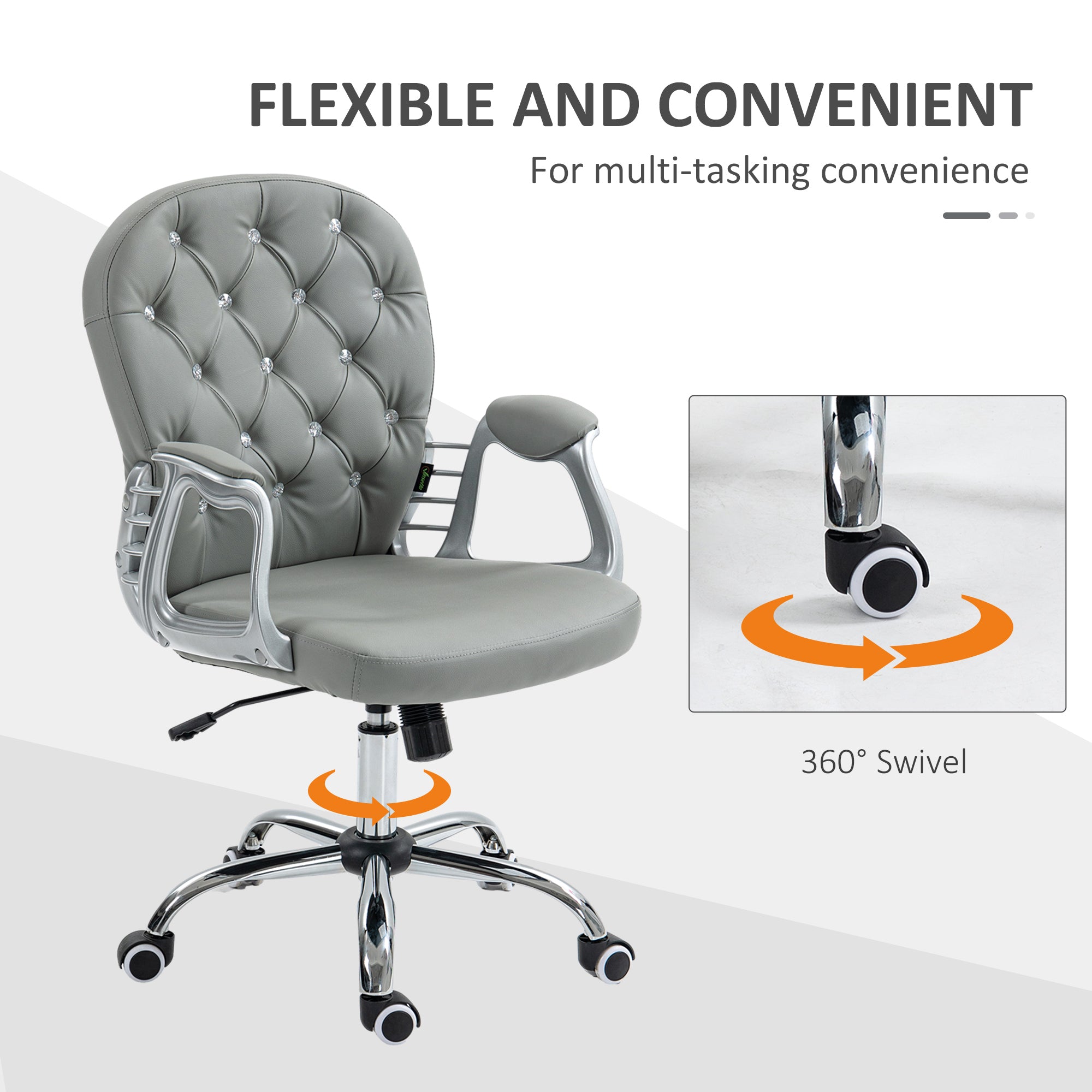 Vinsetto Office Chair, Swivel Desk Chair, PU Vanity Chair with Adjustable Height and Rolling Wheels for Home Work Study, Grey