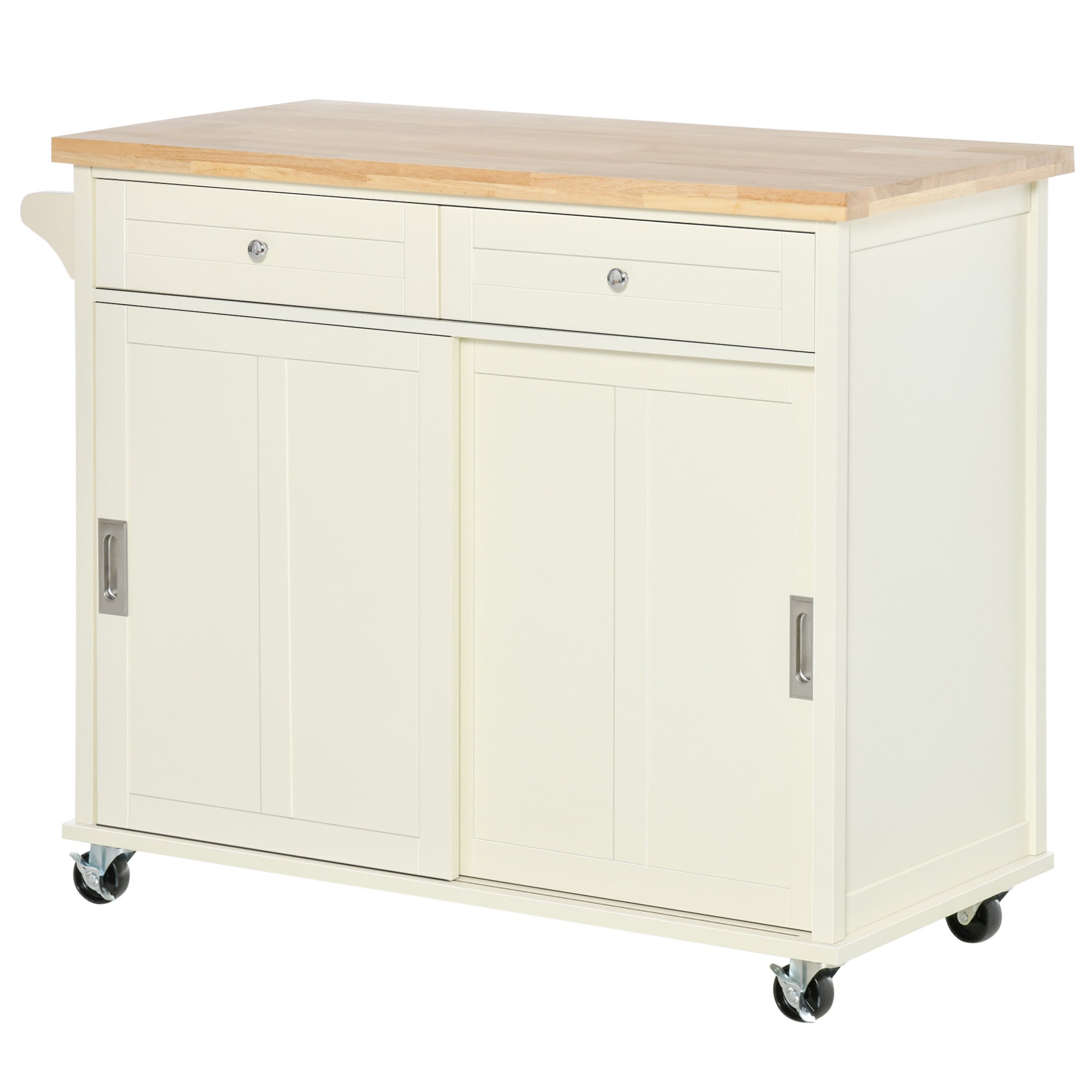 HOMCOM Rolling Kitchen Island, Kitchen Cart on Wheels with Rubberwood Top, 2 Drawers, Towel Rack, Cream White