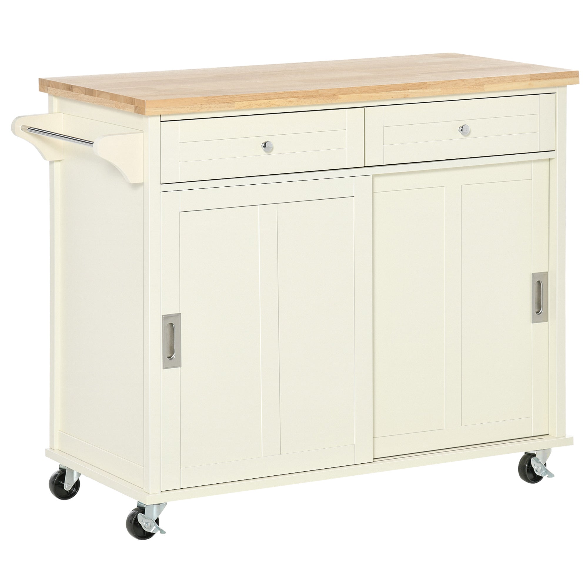 HOMCOM Rolling Kitchen Island, Kitchen Cart on Wheels with Rubberwood Top, 2 Drawers, Towel Rack, Cream White