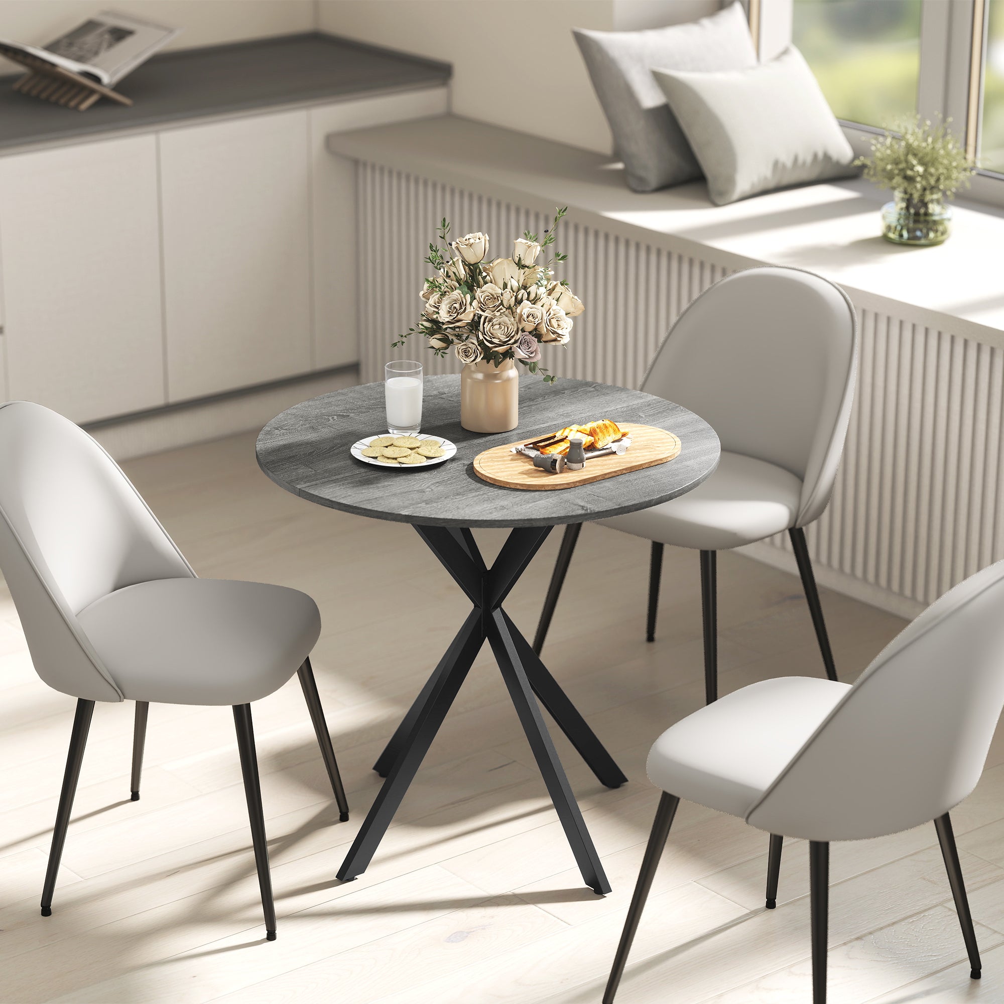 31.5" Round Dining Table, Industrial Kitchen Table with Cross Steel Legs for Dining Room, Kitchen, Living Room, Distressed Grey