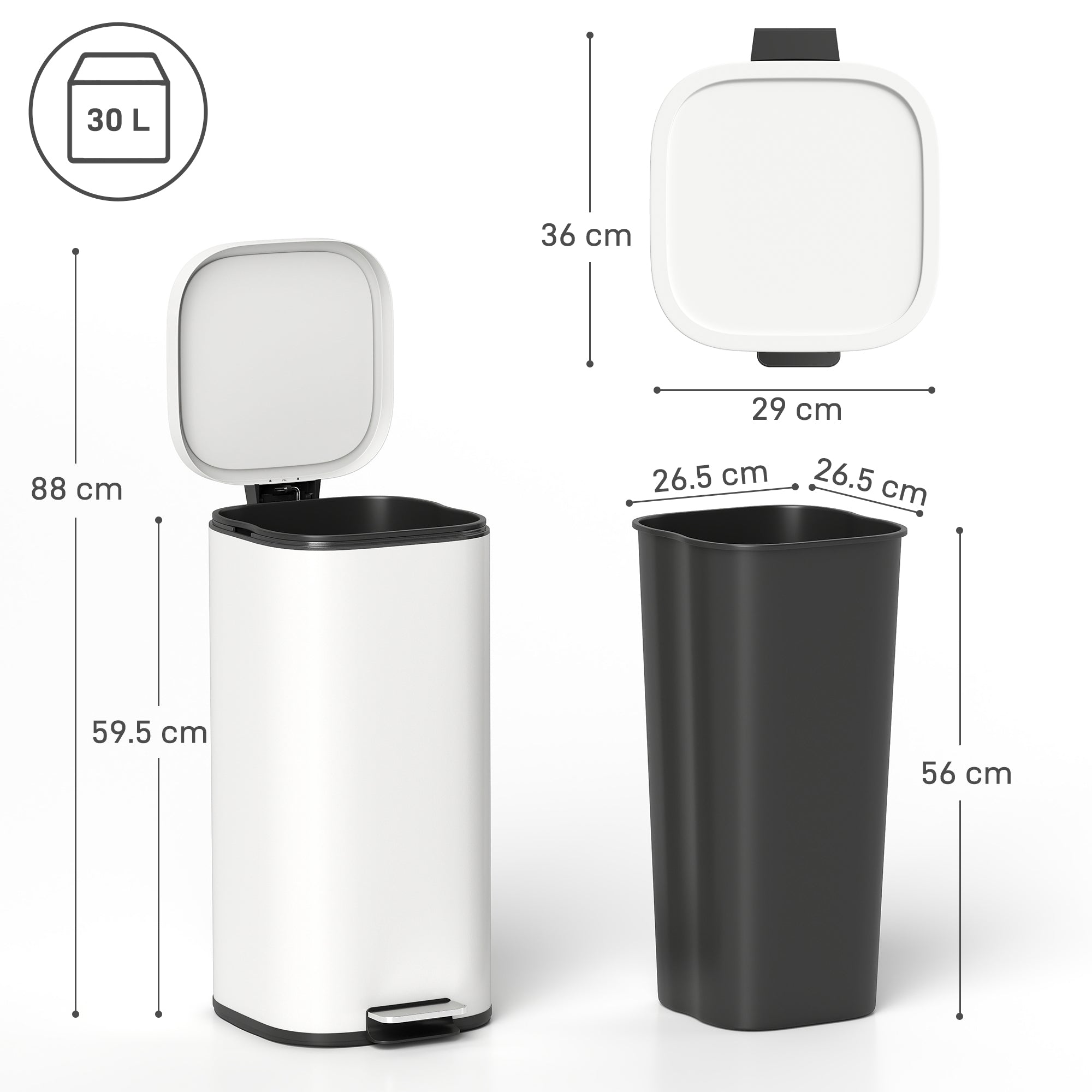 30L Kitchen Bin with Lid, Compact Pedal Bin with Soft-Close and Stay-Open Lid, Removable Inner Bucket, Fingerprint-Resistant for Kitchen, Home, Office, Bedroom, Cream White