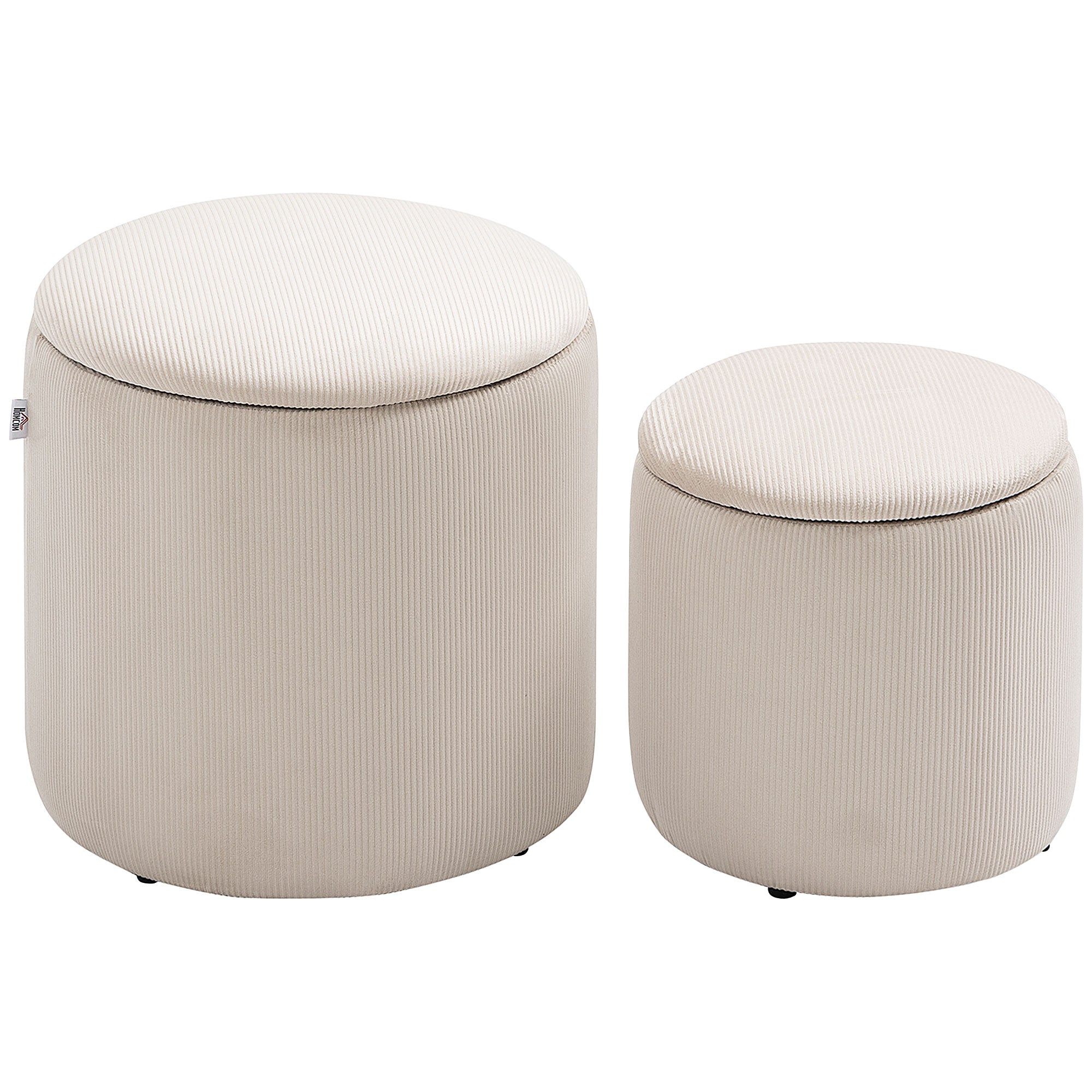 Ottoman with Storage Set of 2, Corduroy Stool with Removable Wood Lid, Hidden Space, Nesting Ottoman Stool for Living Room, Cream White