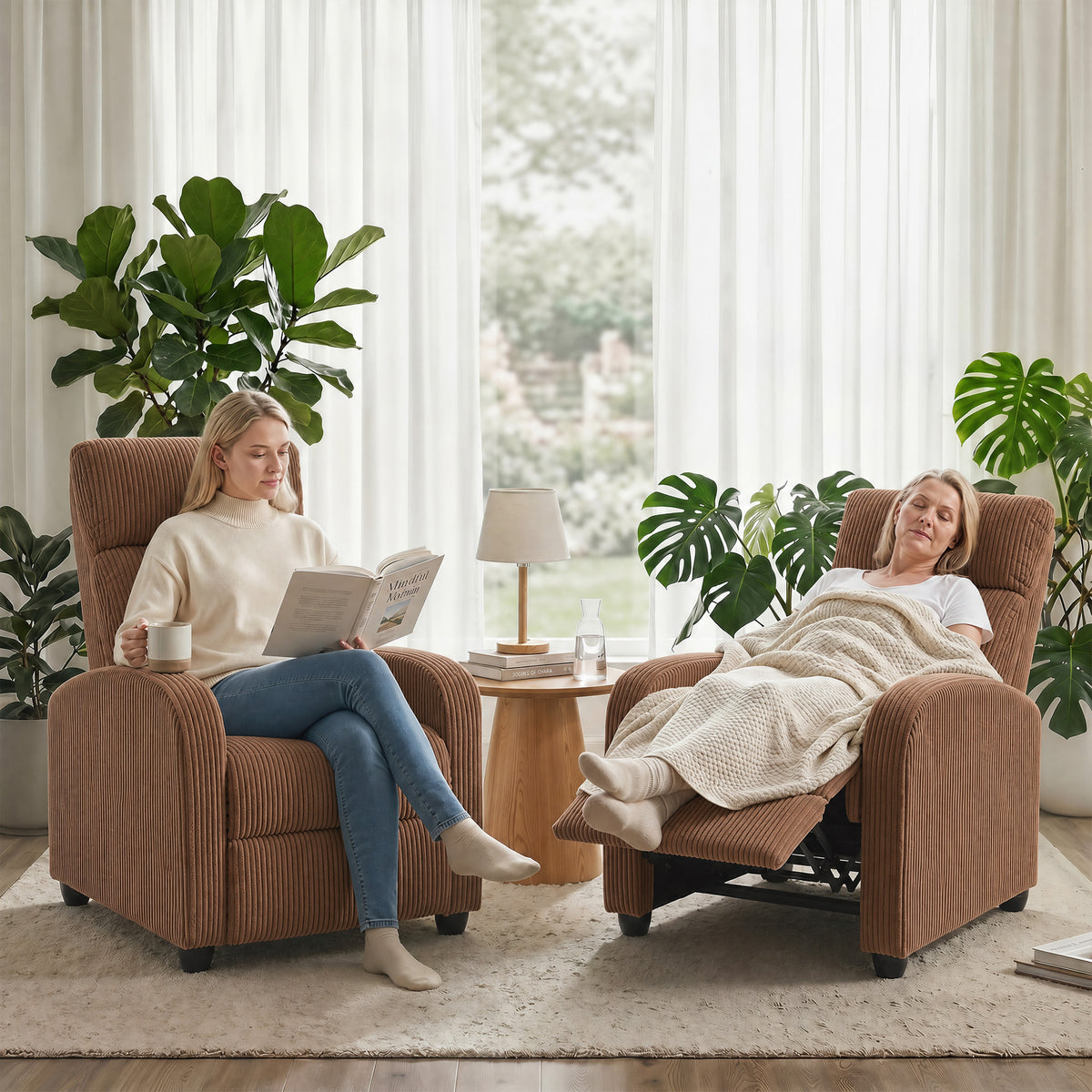 Push Back Recliner Chair, Corduroy Home Theater Seating, Single Reclining Sofa Chair with Padded Seat for Living Room, Brown