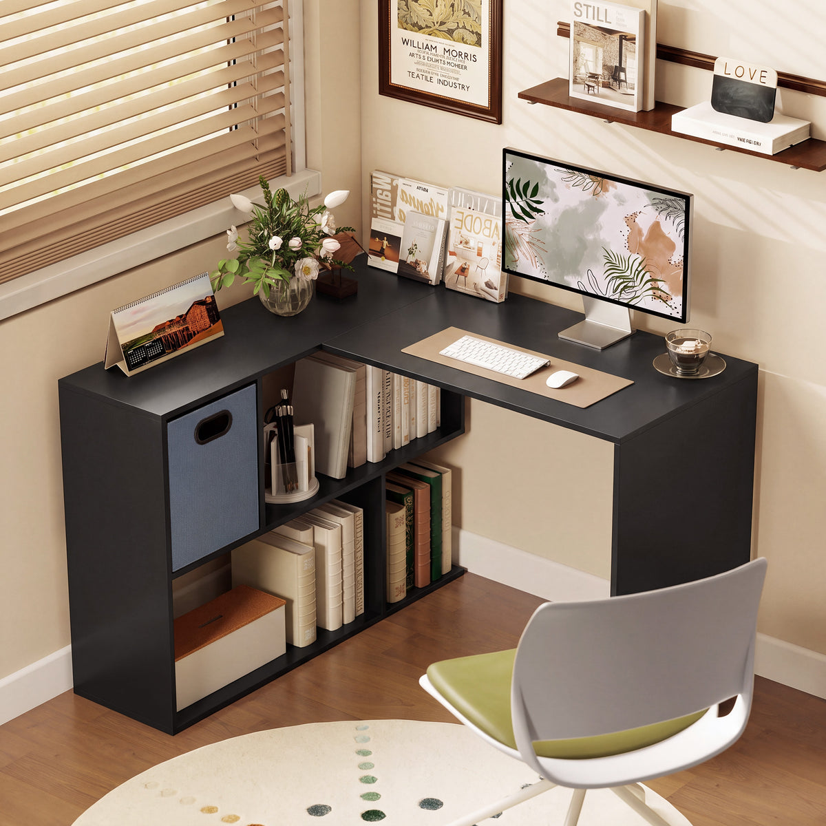 110 cm L-Shaped Desk, Small Computer Desk with Fabric Drawer and Storage Shelves for Home Office, Study, Black